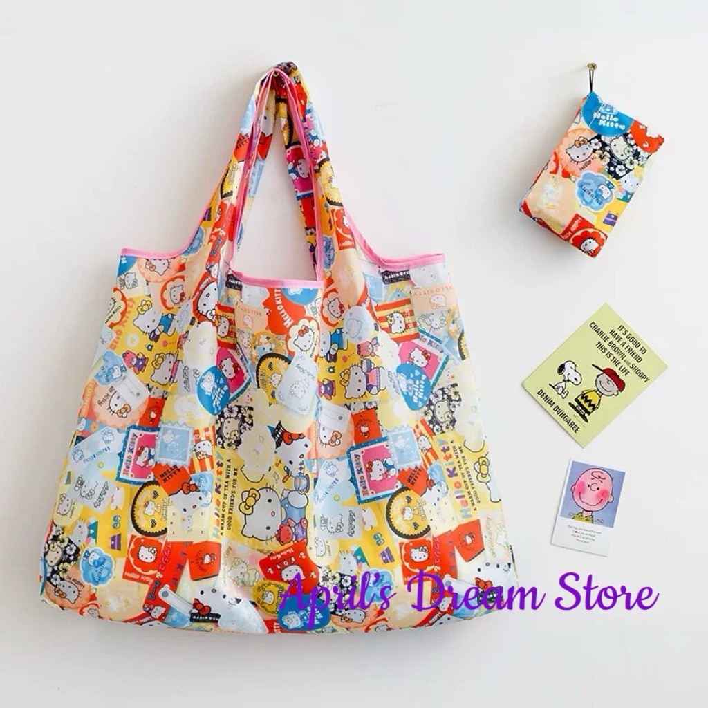Foldable Tote Shopping Bag Hello Kitty Stamps All Over Print