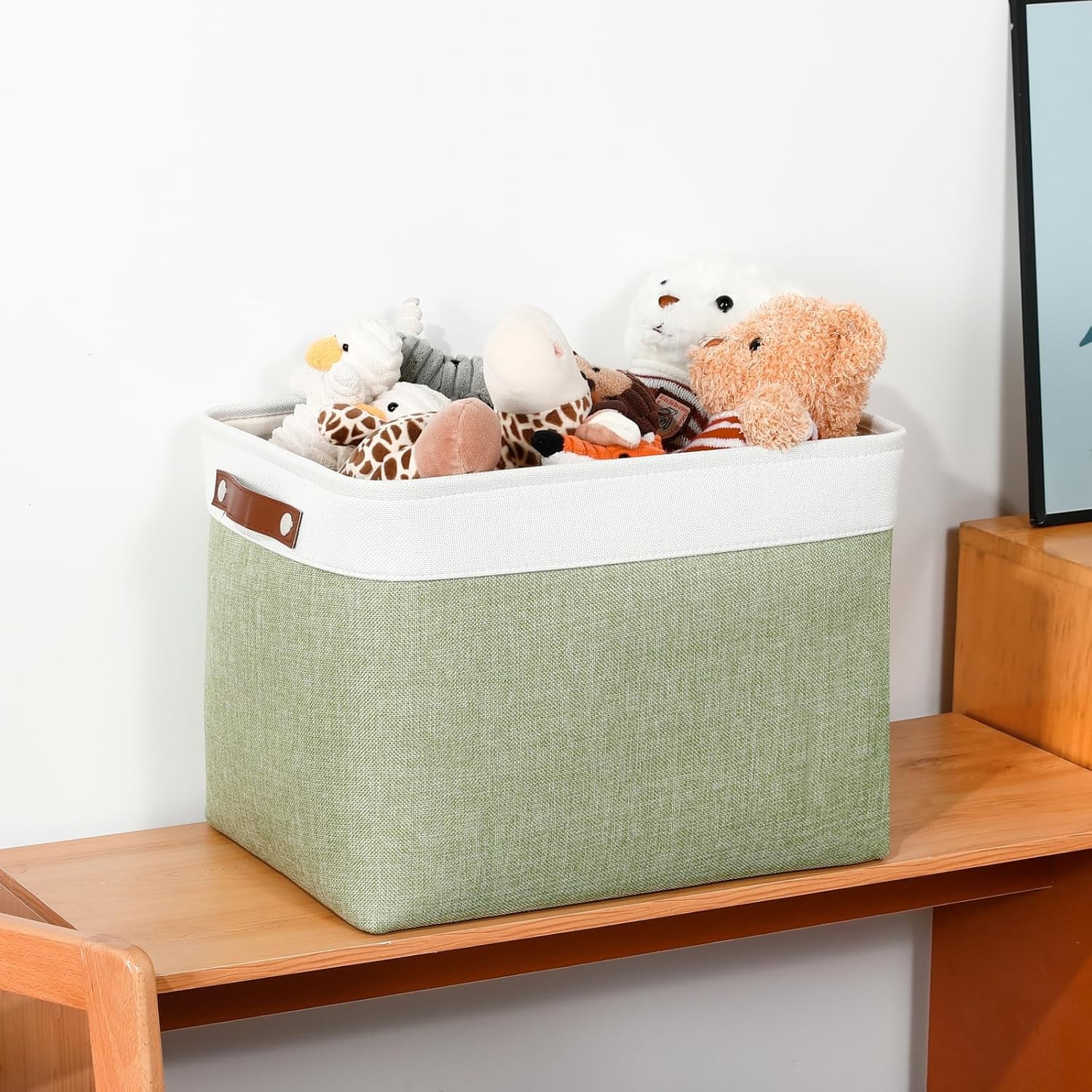 16-inch fabric storage basket, decorative storage box with leather handles,