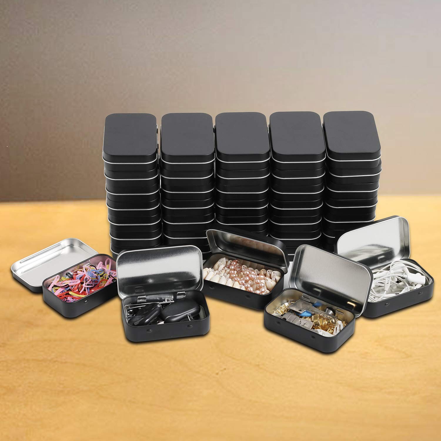 Metal Rectangular Hinged Tins Pack of 40 Matte Black Mini Portable Box Conta…