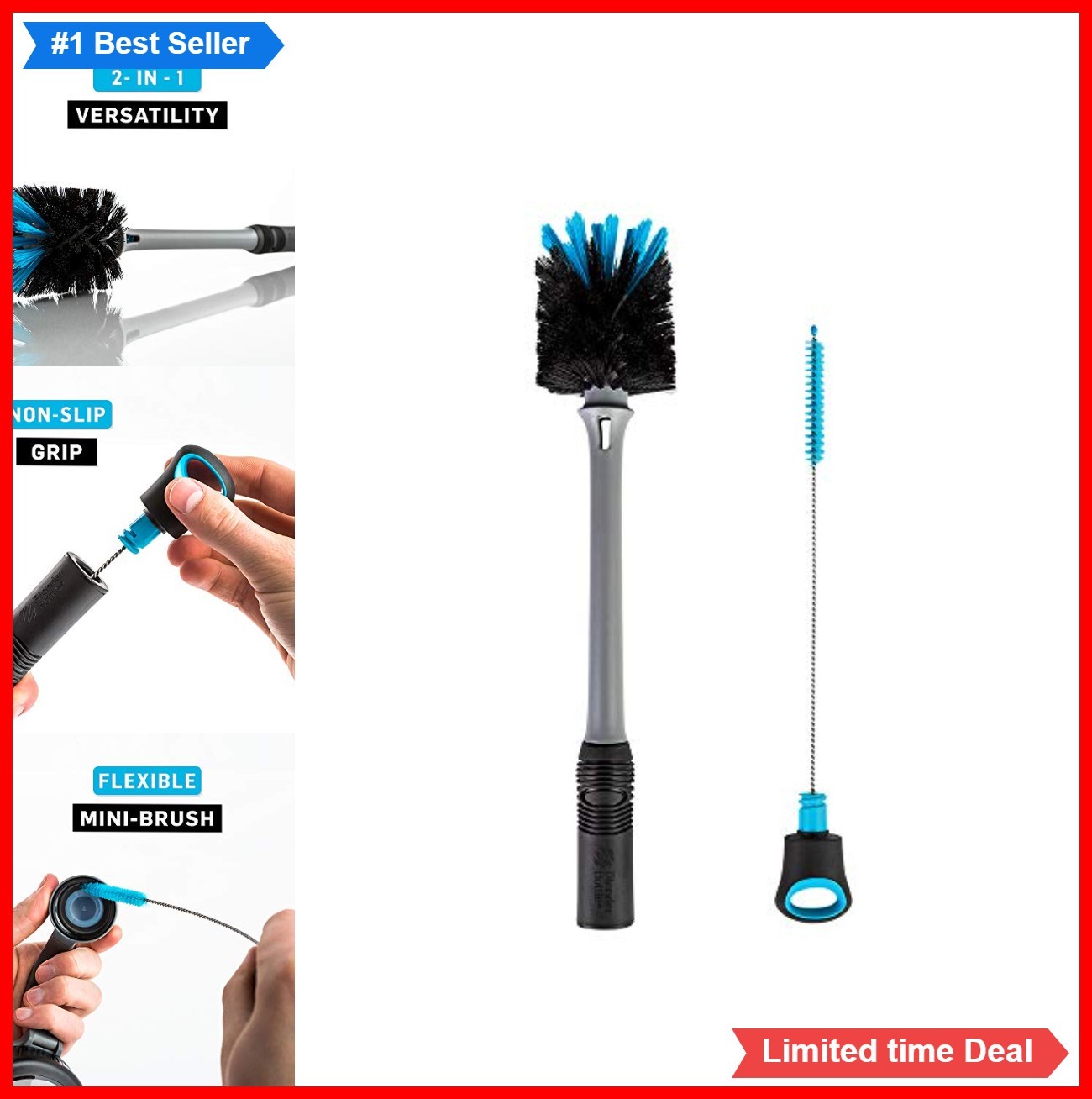 2-in-1 Bottle Cleaning Brush 15 Inch Firm Bristles Straw Cleaner Built-In Mini