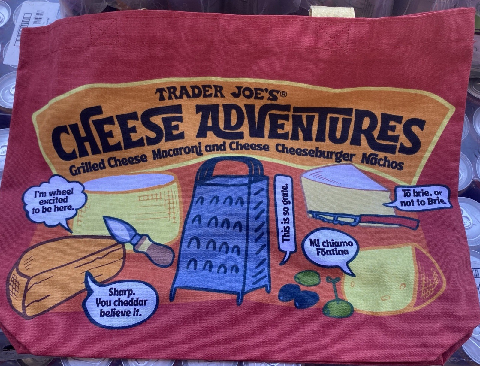 Trader Joe’s Bag Tote Canvas NEW Cheese Adventures Shopping Heavy Duty & Large
