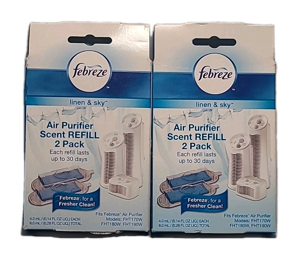 2× Febreze LINEN & SKY Air Purifier Scent Refil Cartridge 2 Pack Boxes = 4 Total