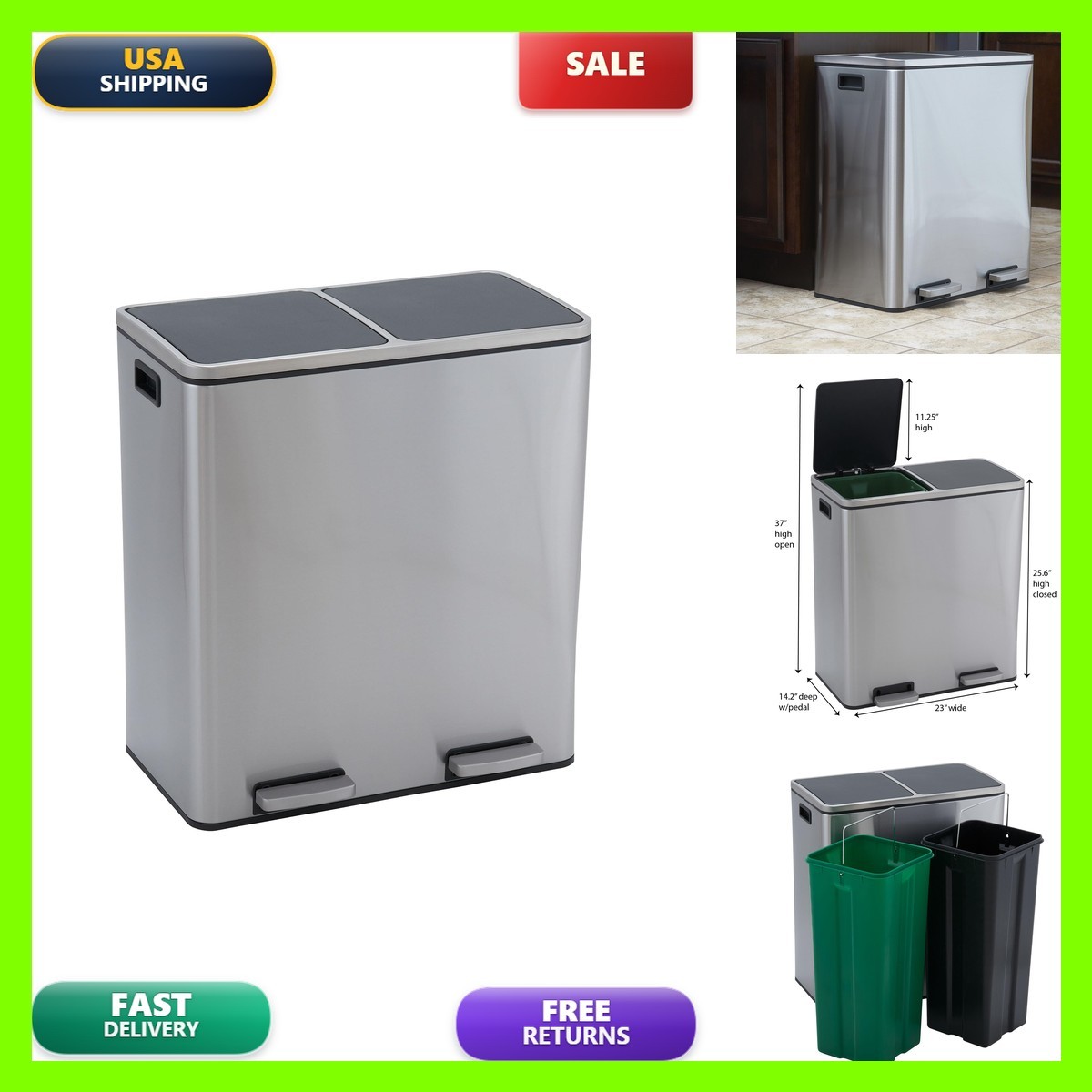 Design Trend Household Essentials Dual Compartment Trash Can 30 Liter / 8