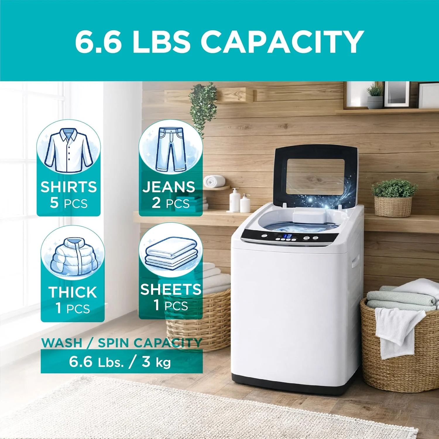 0.9 Cu. Ft. Portable Washer, 6.6 lb. Capacity Washing Machine for H