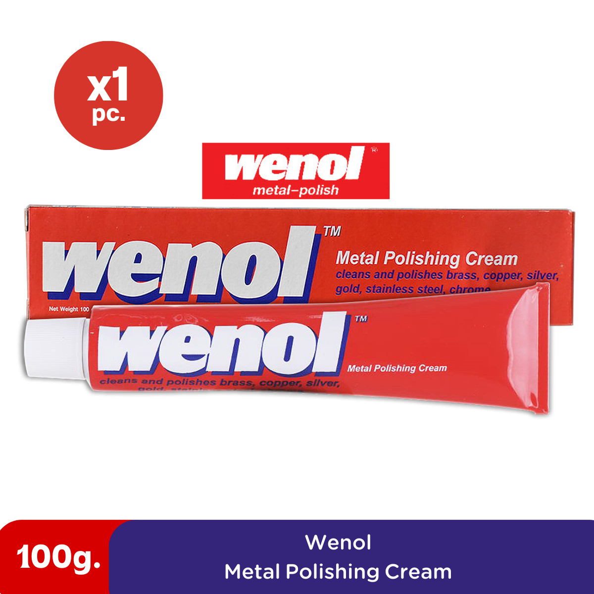 WENOL Polish Metal Brass Copper Silver Stainless Steel Chrome Cleans 100g