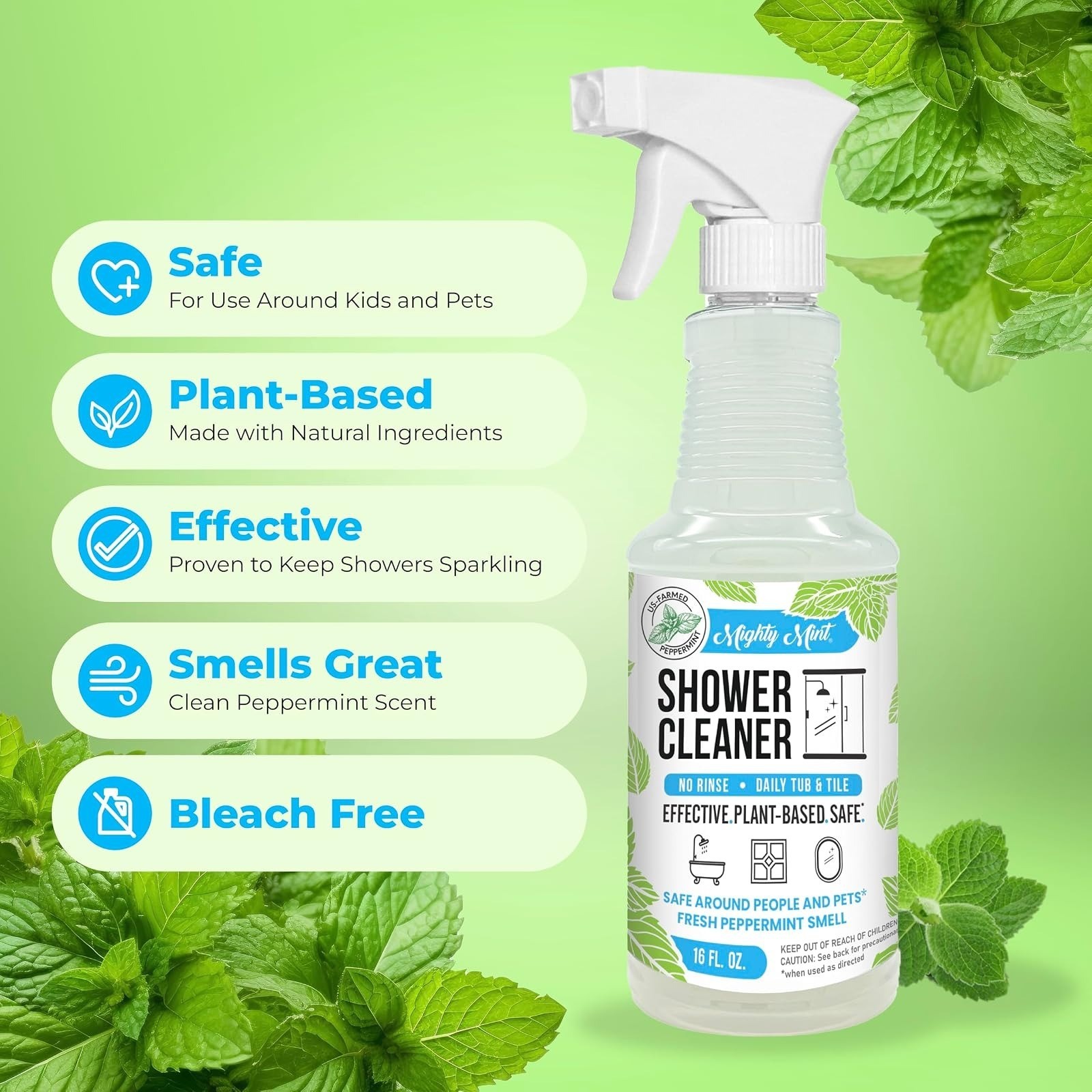 Mighty Mint Daily Shower Cleaner Spray – No Rinse, Plant Based 16 oz