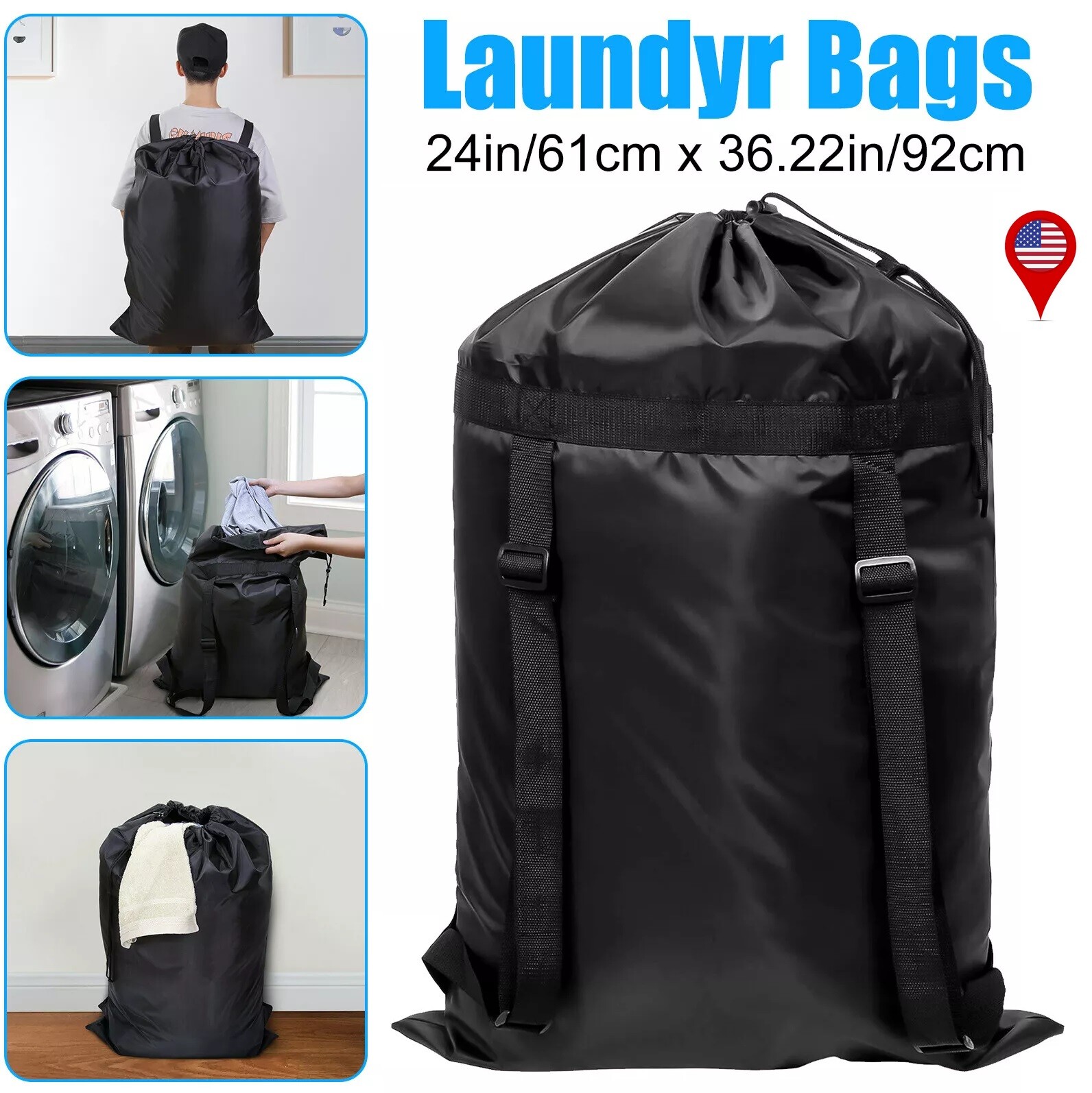 Large Drawstring Black 36*24inch Backpack Heavy Duty Washing Clothes Laundry Bag