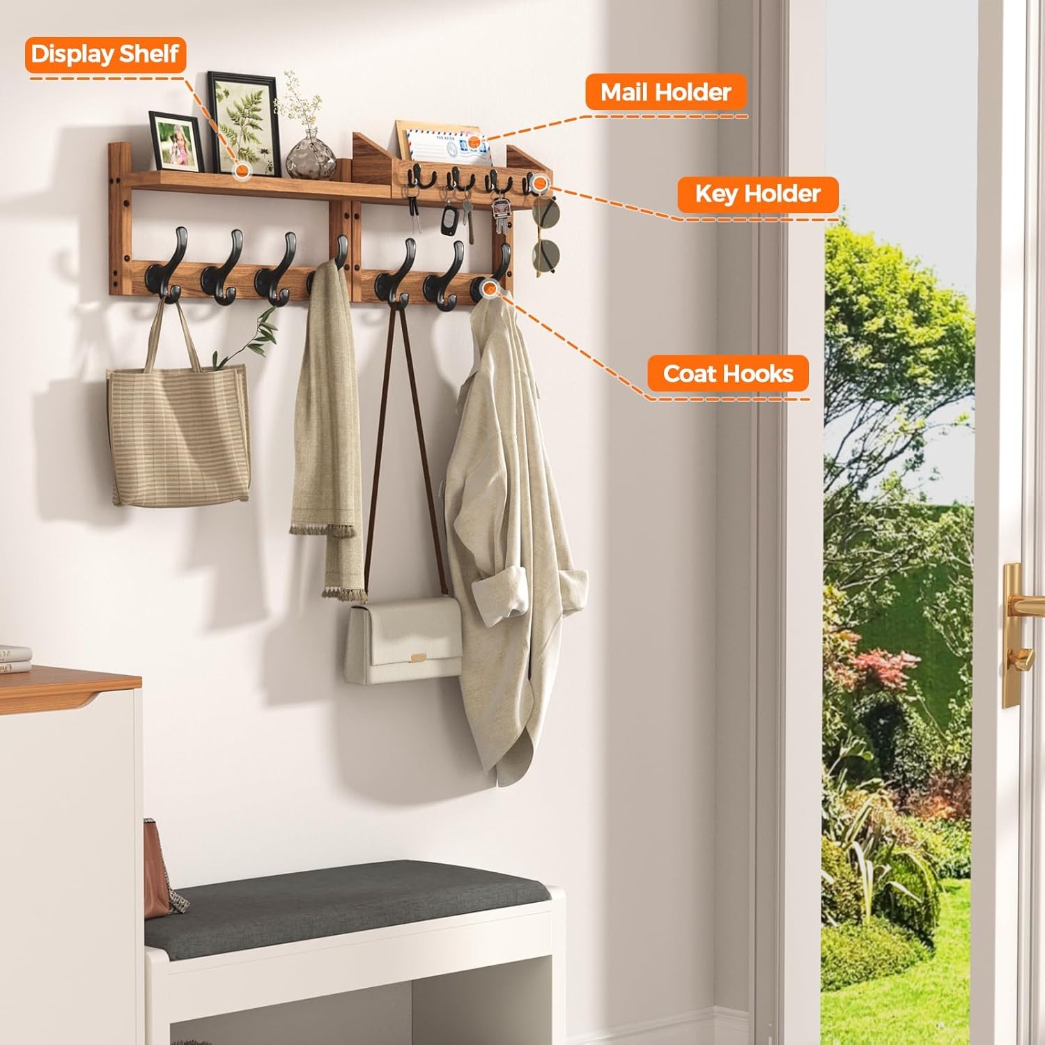 Wood Coat Rack Wall Mounted,Natural Wood Plank with 11 Black Metal Hooks, Hat an