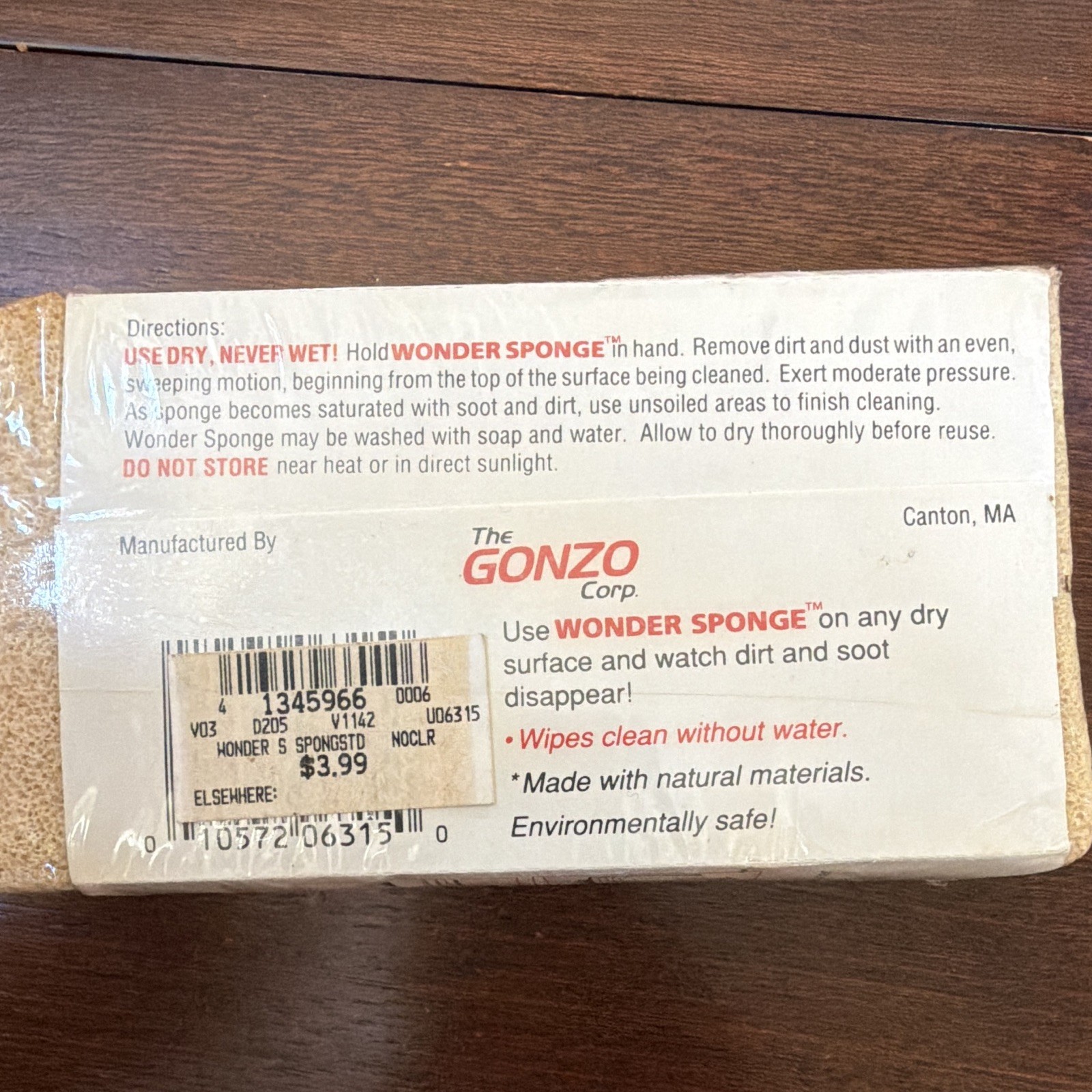 Gonzo Wonder Sponge Beige Cleaning Sponge Block 1 Pack Made in USA 105 Washes