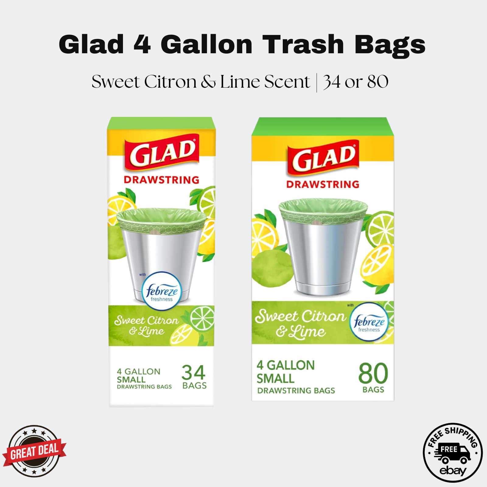 Glad 4 Gallon Drawstring Trash Bags Sweet Citron Lime | 34 or 80 Ct