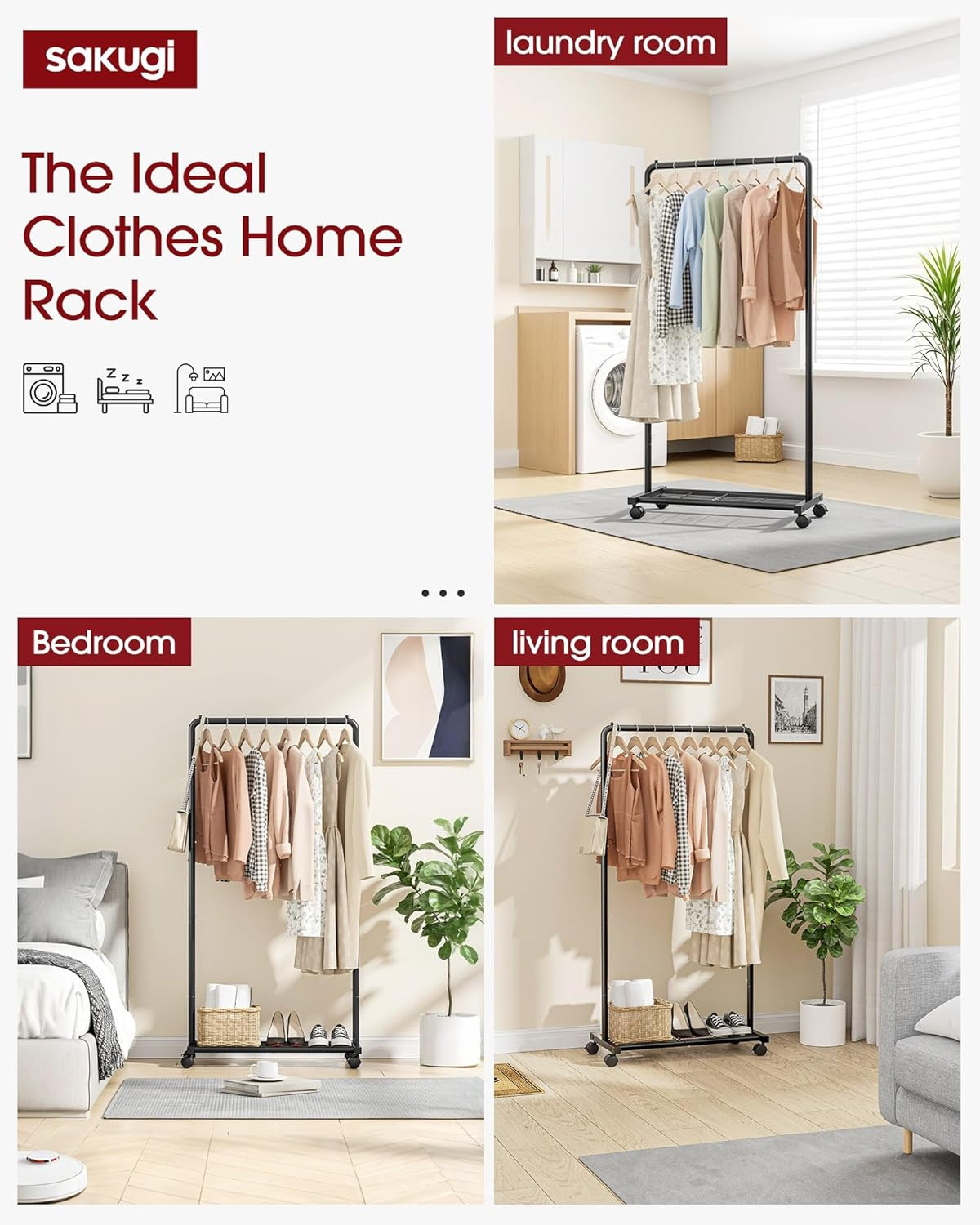 Clothes Rack – Clothing Rack with Storage Mesh Shelf & Casters, Heavy-Duty Metal