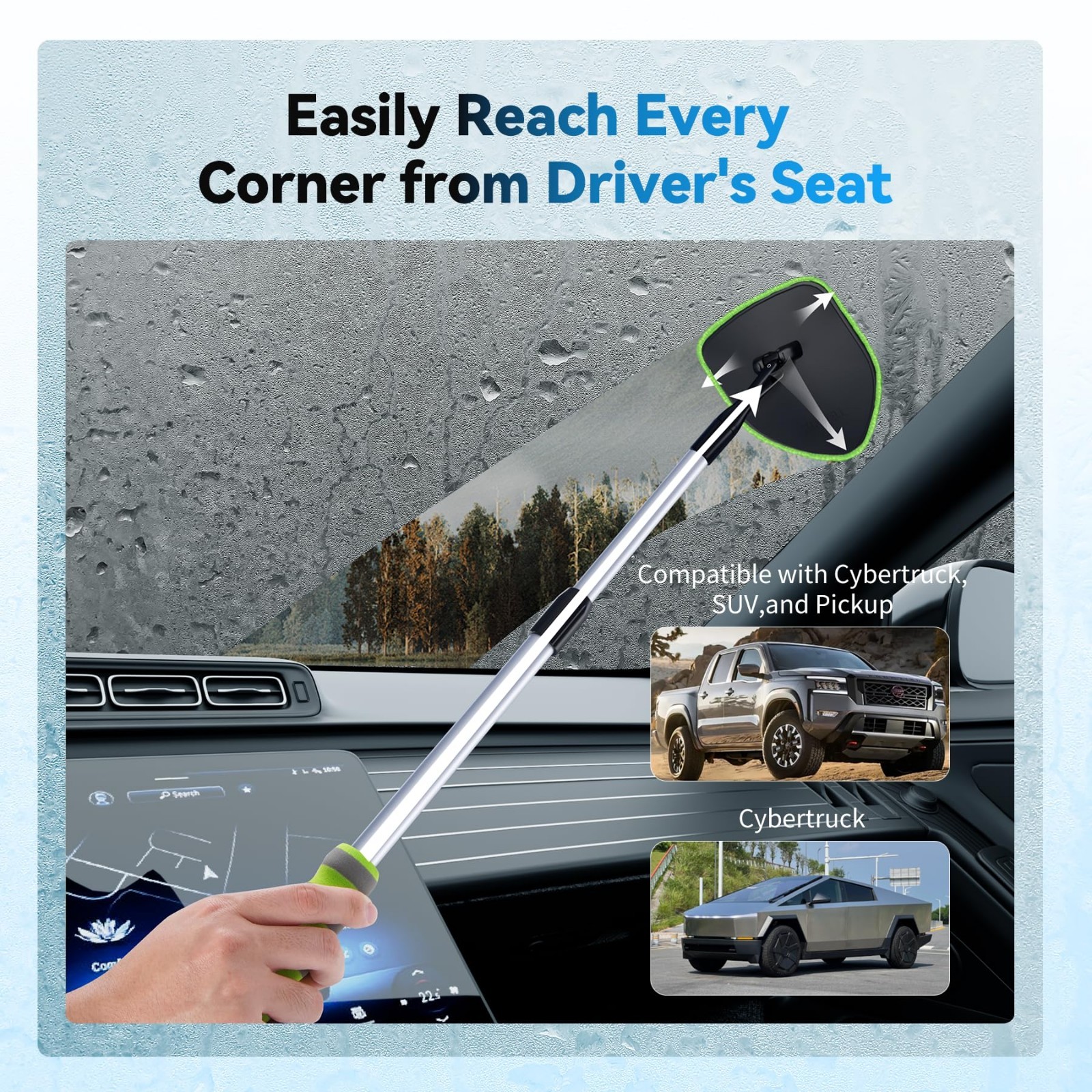 Interior Windshield Cleaner Tool Kit – 4 Reusable Microfiber Pads, Extendable Ha