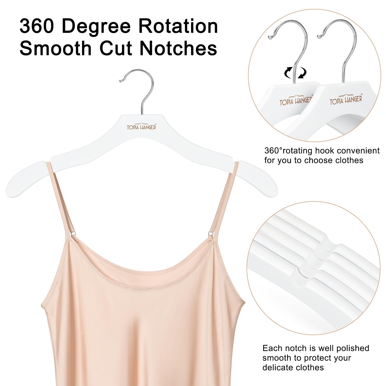 Premium Wooden Hangers for Women – 24 Pack, No Shoulder Bump, 360° Swivel Hook,