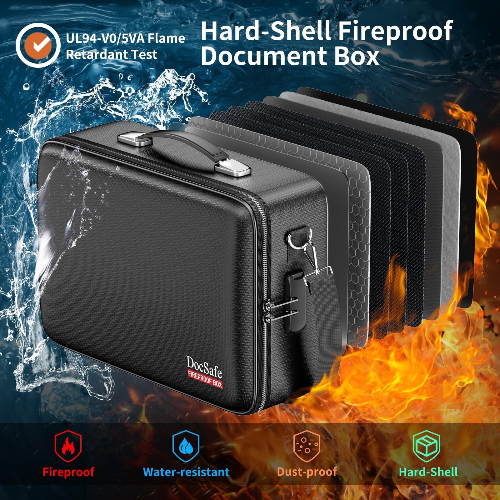 DocSafe Fireproof Document Box Locking File Organizer Black Hard Case