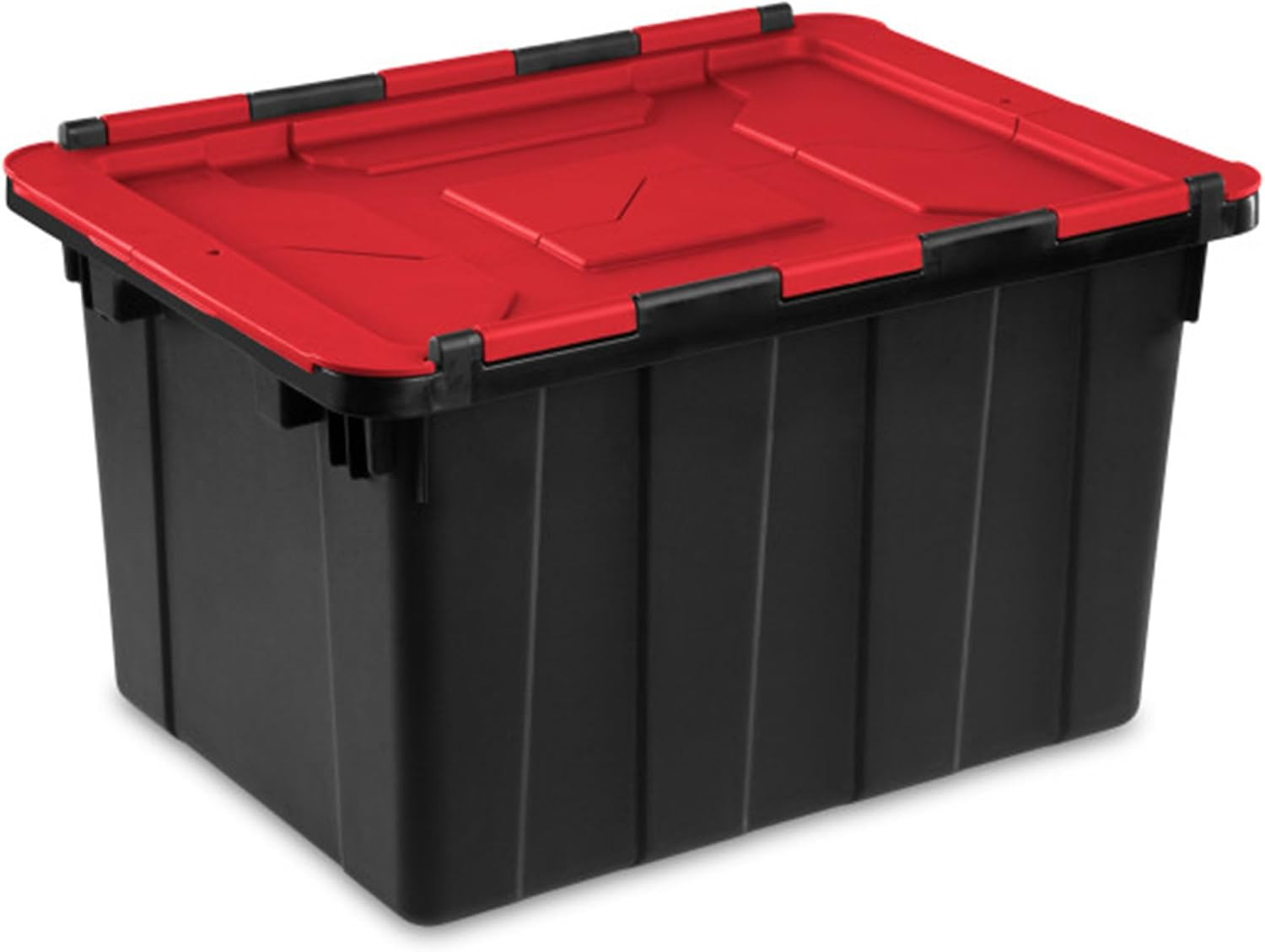 6 Pack Stackable 12 Gal Totes with Hinged Lids – Black/Red Storage Bins