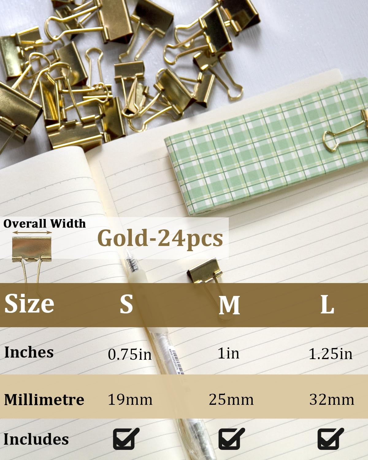 Assorted Binder Clips 0.75/1/1.25in assorted (0.75in, 1in, 1.25in), Gold