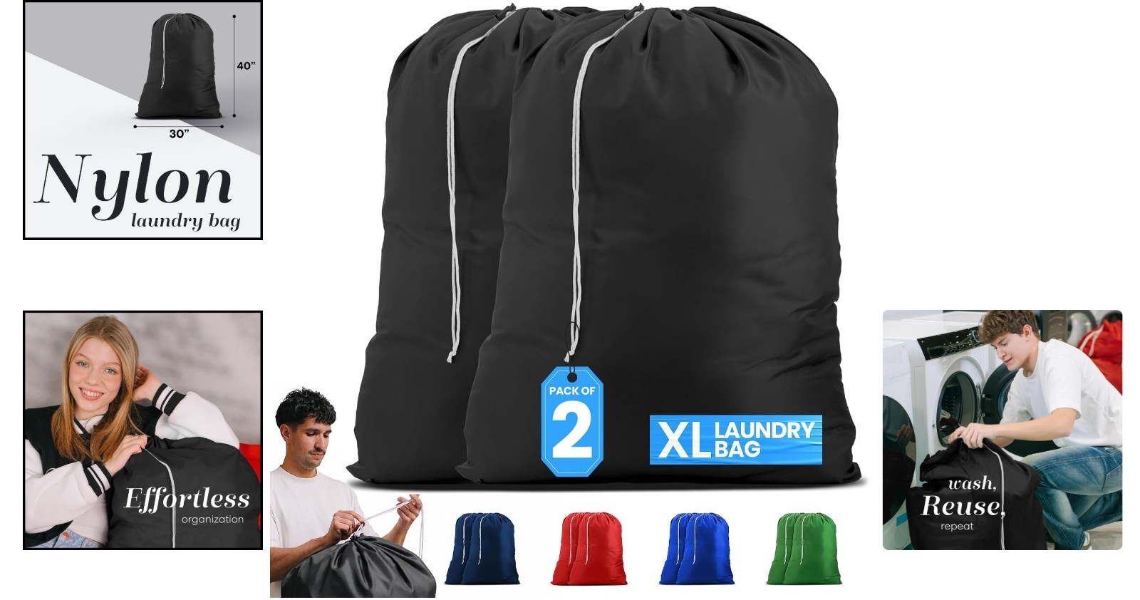 Portable Extra-Large Nylon Laundry Bags – Secure Drawstring, Durable & Versatile