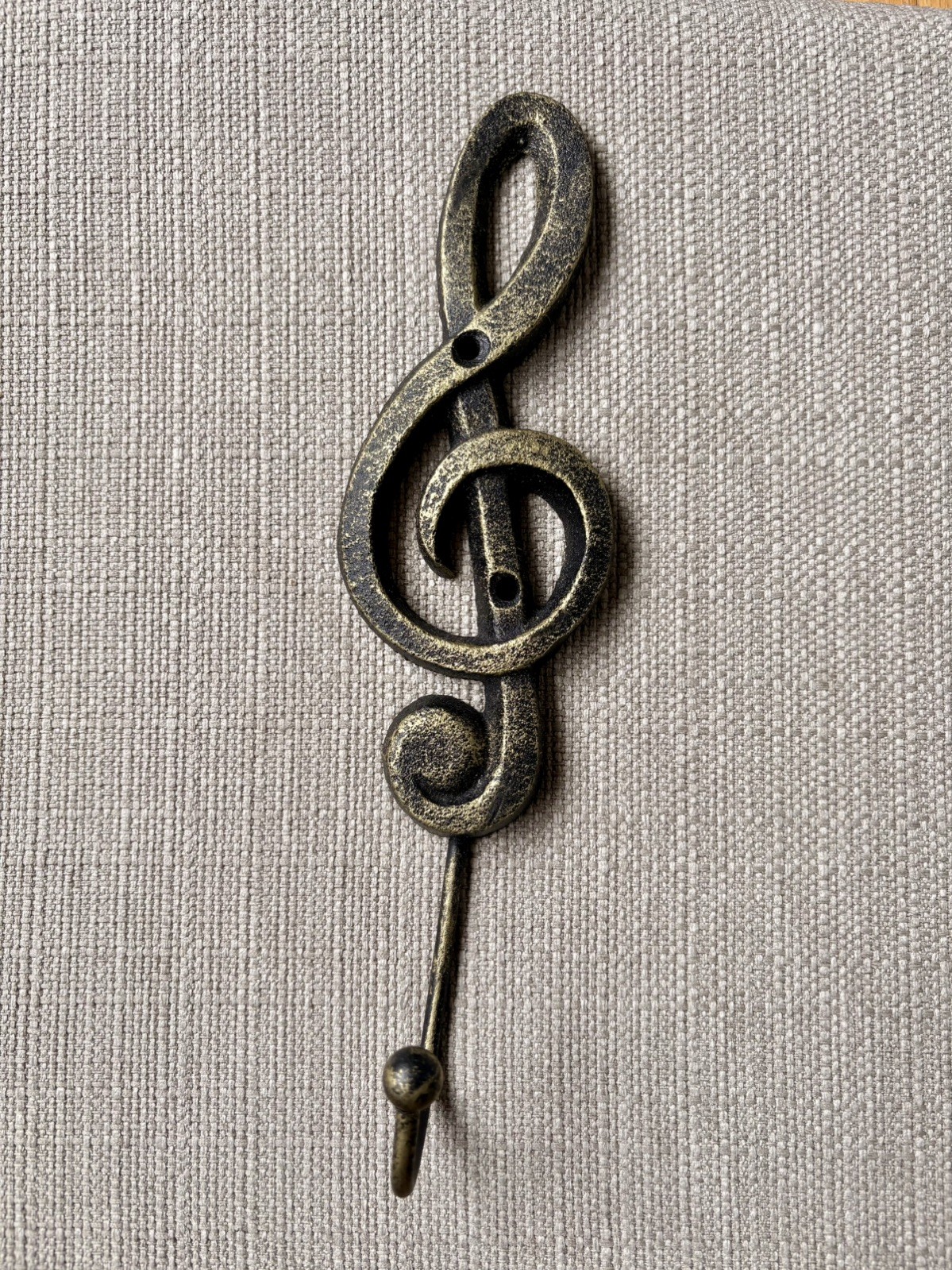 Treble Clef Music Wall Hook in ANTIQUED GOLD CAST IRON 9.5 in x 2.5 in