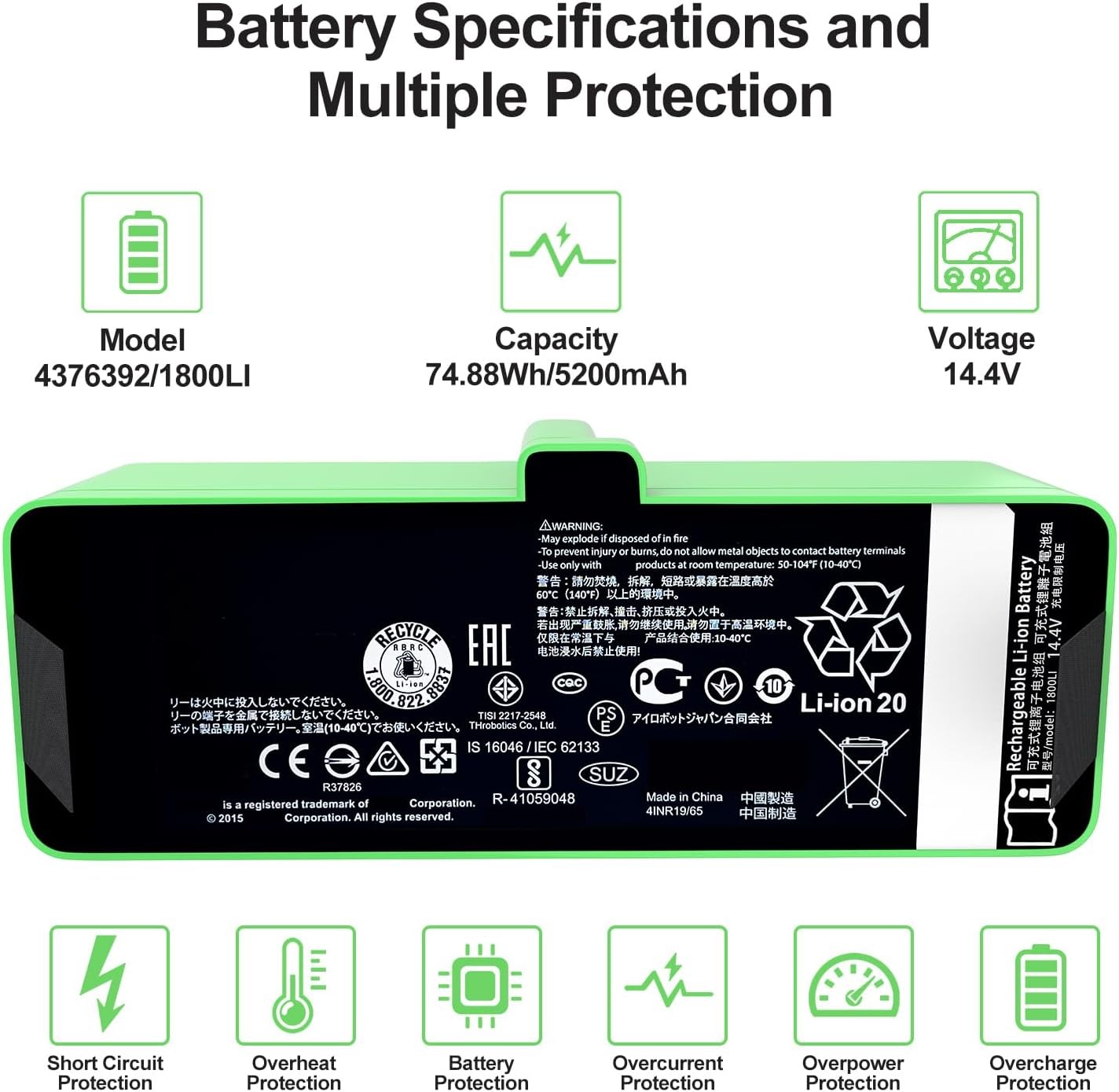 Upgraded 5200mAh 4376392 1800LI Replacement Battery for iRobot Roomba 500 600