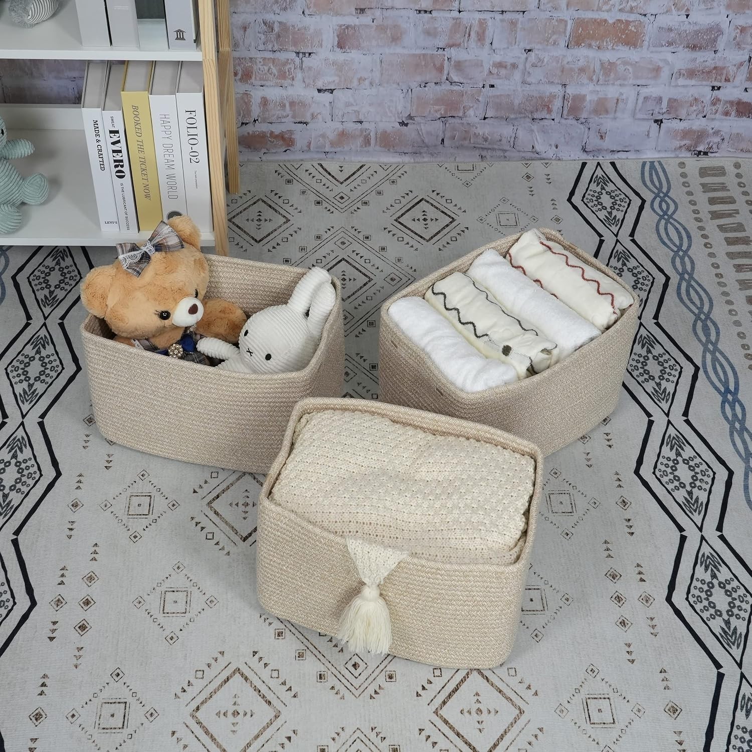 Elegant Woven Cotton Rope Storage Baskets, 15x10x9.3” – 3 Pack Oatmeal