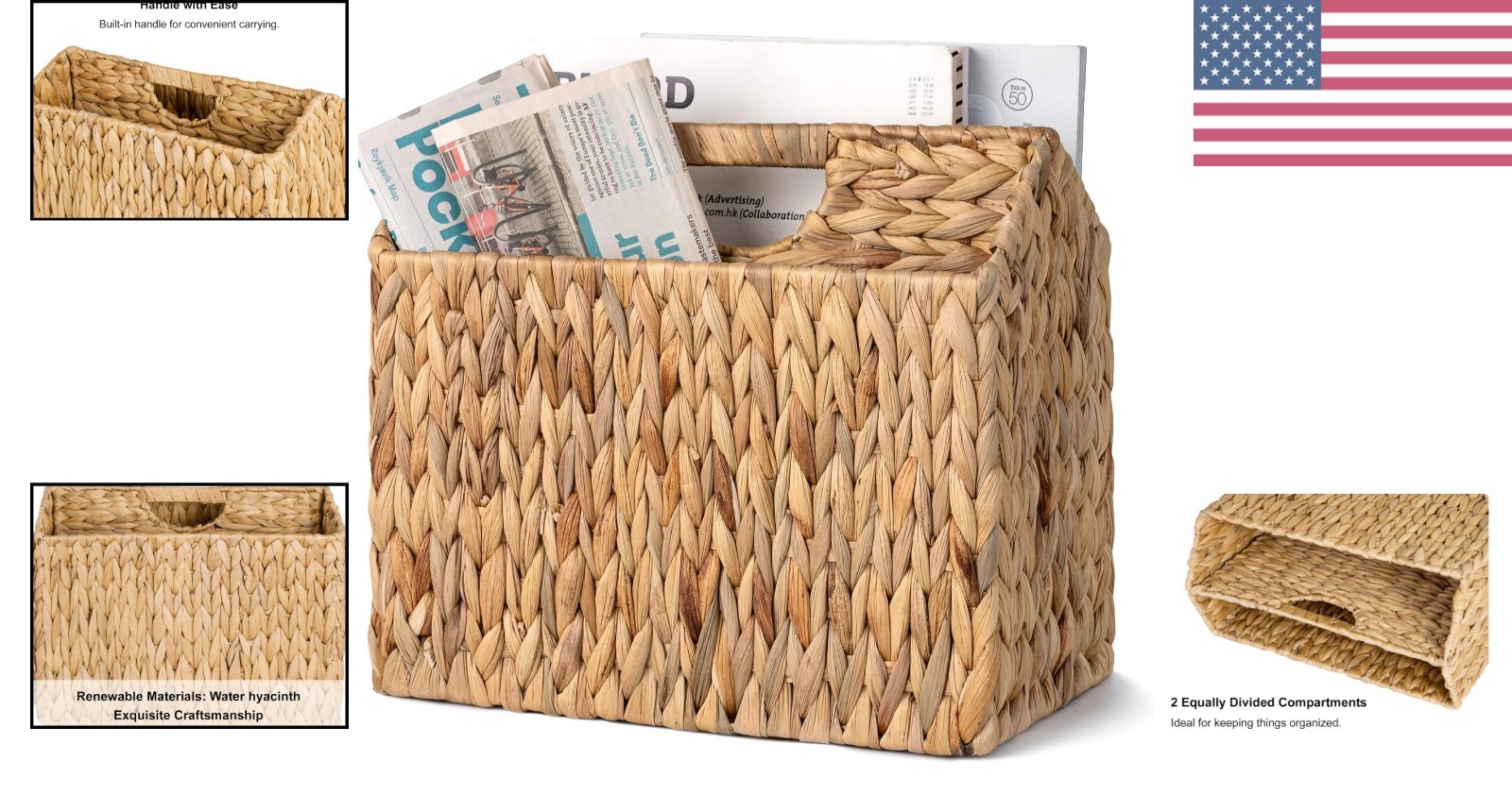 Versatile Water Hyacinth Magazine Rack with Carrying Handles – 14.25″ x 7.75″