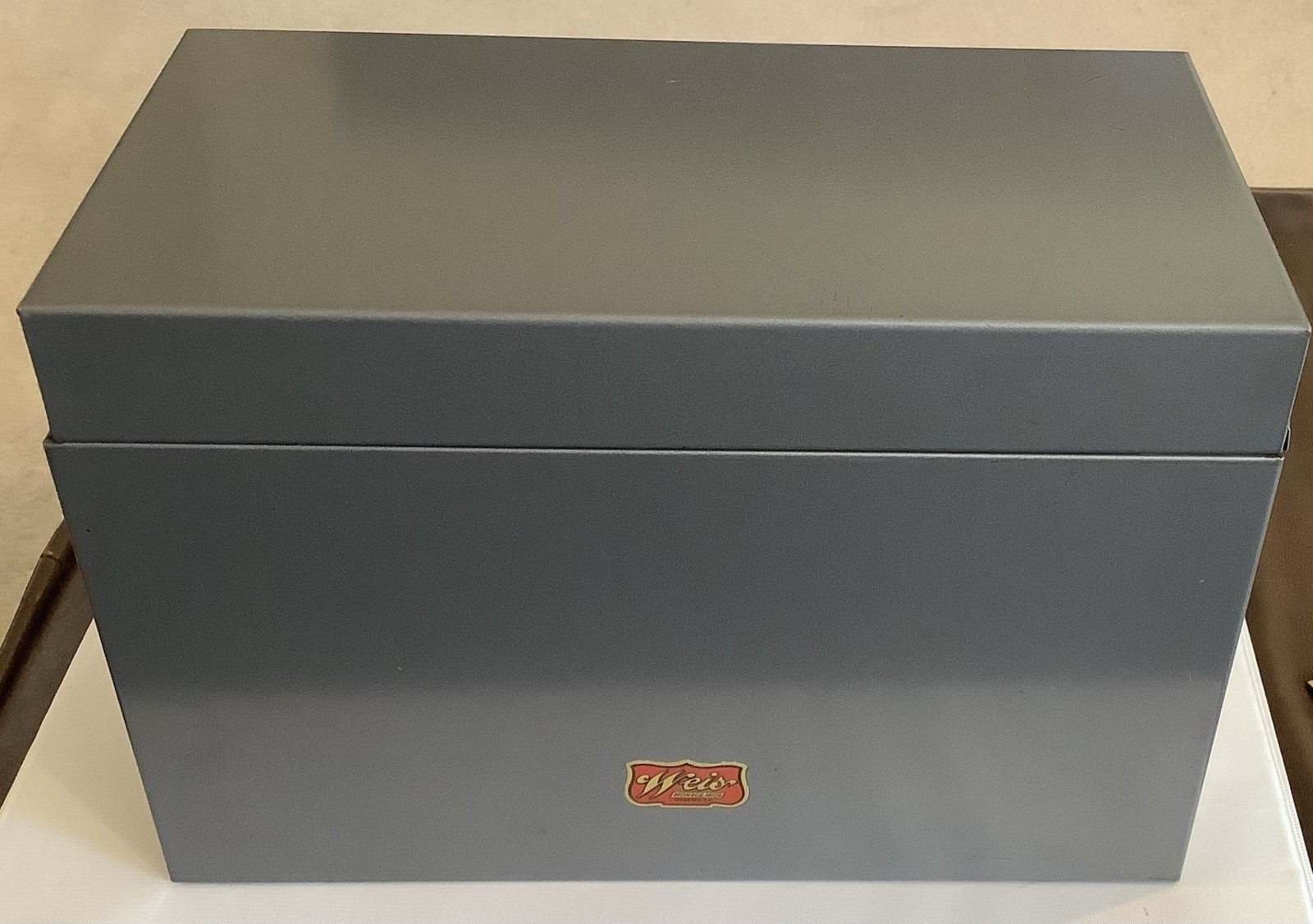 VTG Weis Monroe Mich USA 8.5×5.5×4.5” Dark Grey Metal File Box w Label