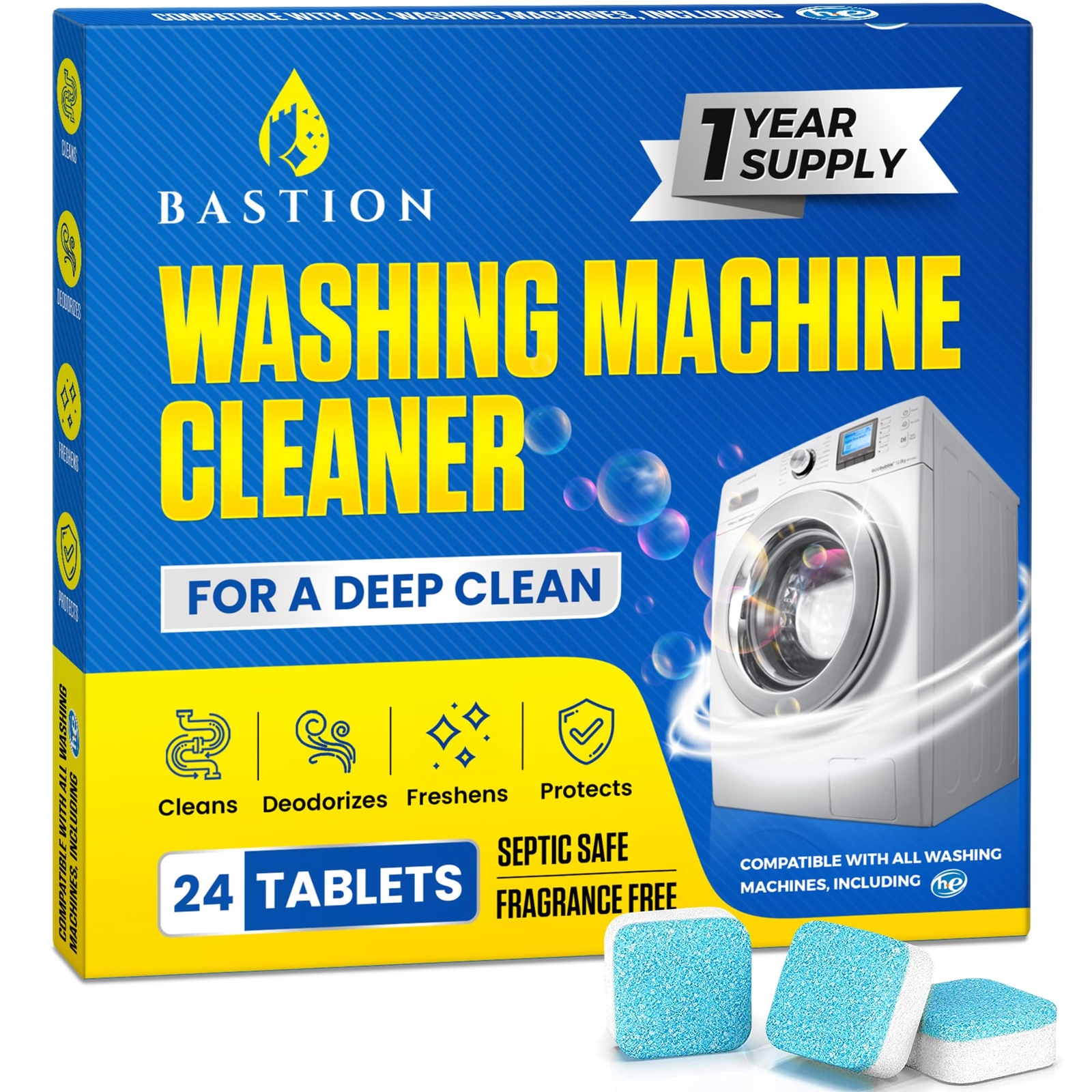 Bastion Washing Machine Cleaner, Deodorizer, & Descaler – 24 pack