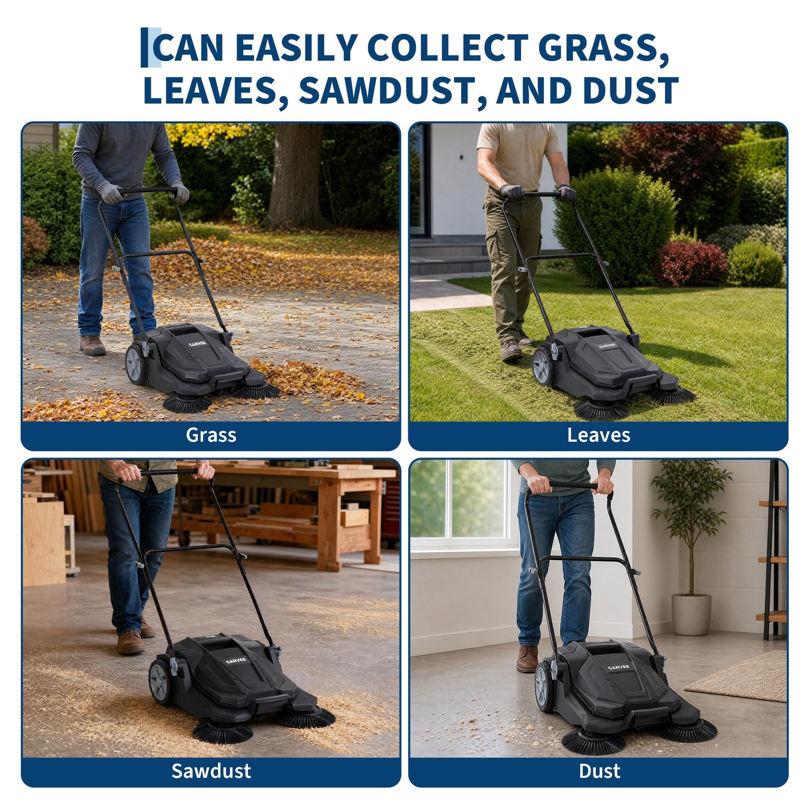 New Floor Sweeper Walk Behind Hand Push 25.6 Inch Width 5 Gal Waste Container