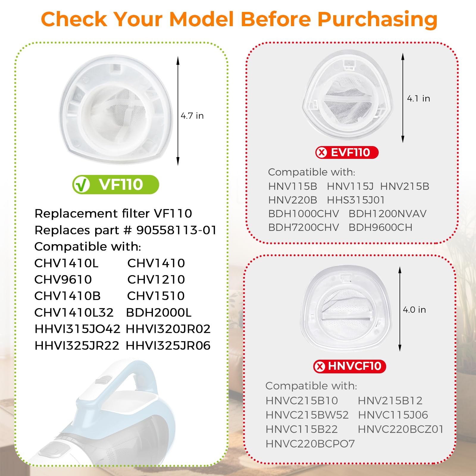 12 Pack VF110 for Black and Decker Hand Vacuum Filter by – Replaces CHV1410L …