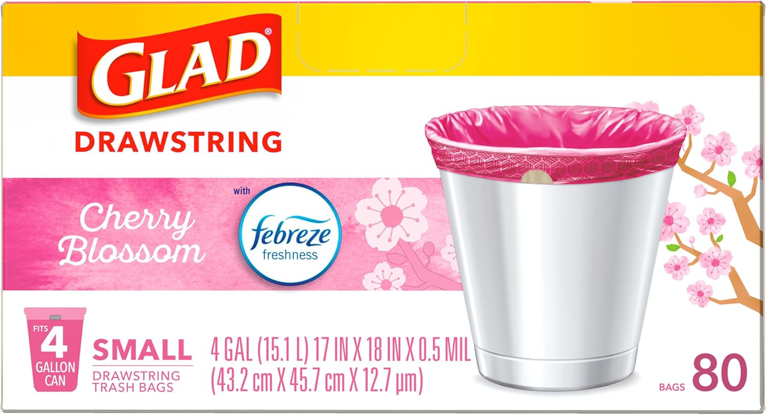Odorshield Small Drawstring Trash Bags, 4 Gal, Pink, Cherry Blossom, 80 Ct, Pack