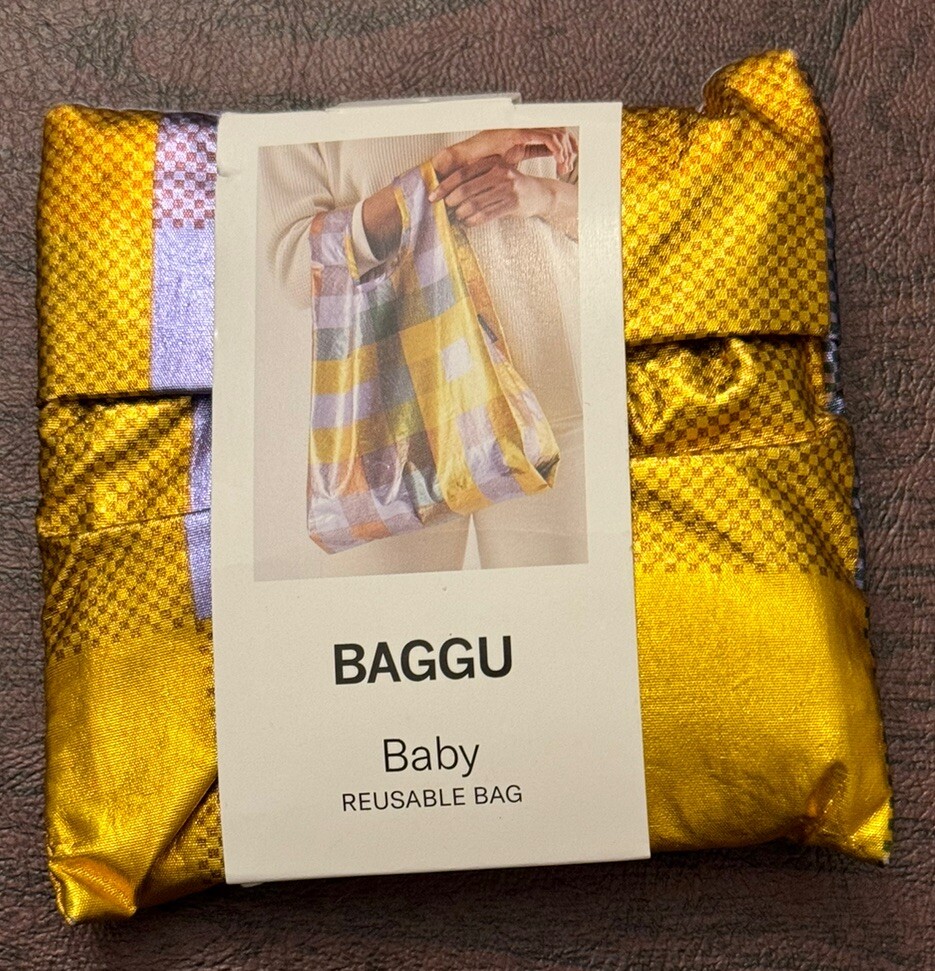 Set Of 2 BAGGU Baby Reusable Bag MADRAS METALLIC Plaid Purple Gold Tote NWT
