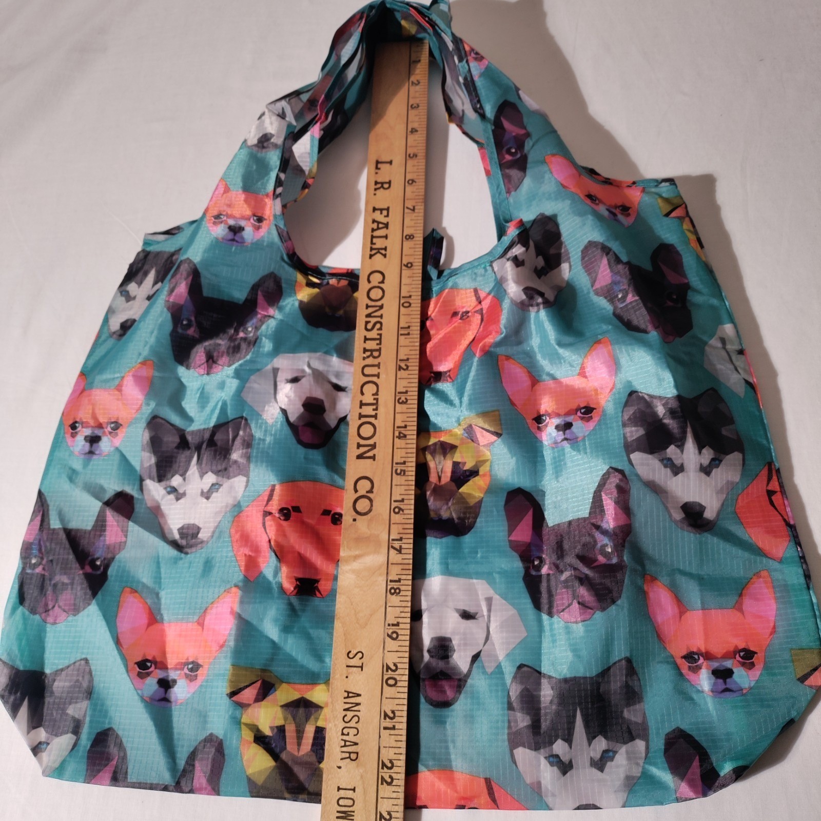 BeeGreen Reusable Nylon Shopping Teal/ Blue Tote Bag with Dog Faces All Over