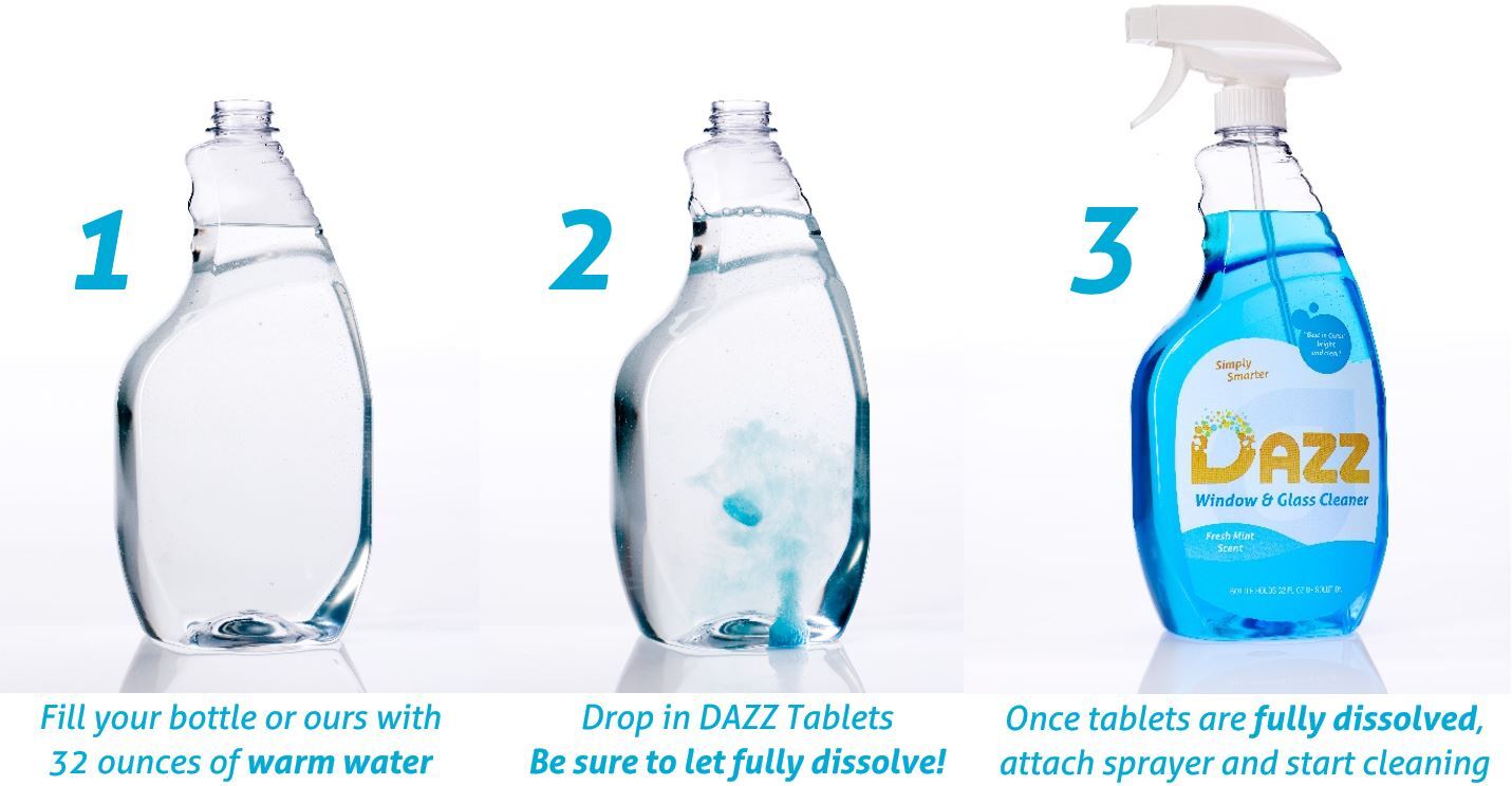 DAZZ Window and Glass Cleaner Starter Kit (1 Reusable Spray Bottle, 2 Refills)
