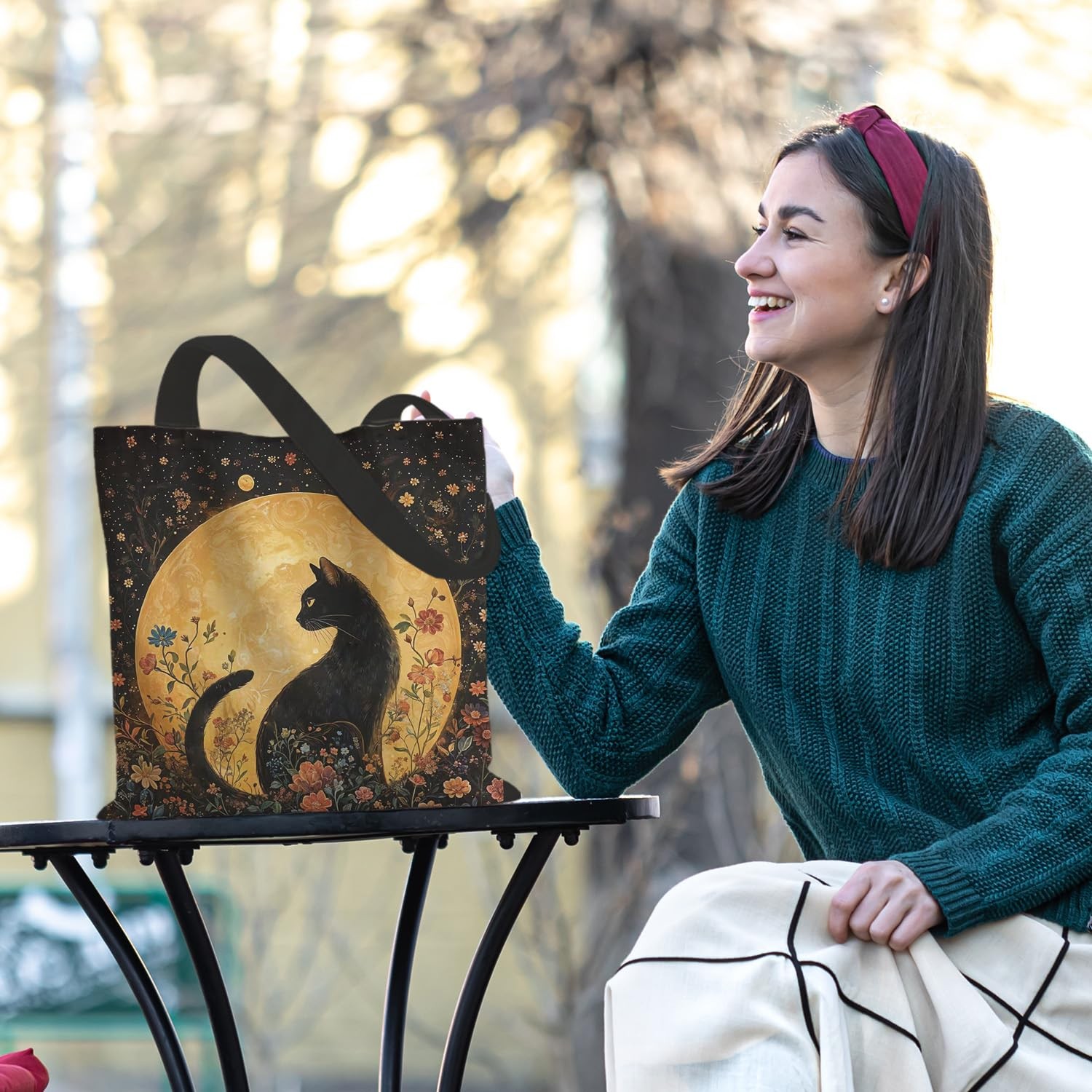 Celestial Witchy Black Cat Tote Bag for , Art Nouveau Floral Moon Cat Canvas …
