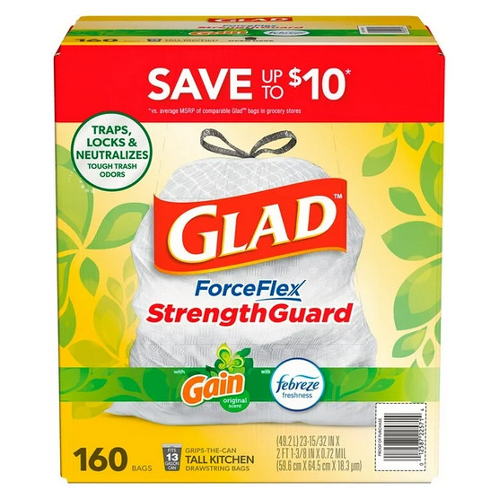 Glad ForceFlex 13 Gal Trash Bags, Gain + Febreze Scent, 160‑Count Roll