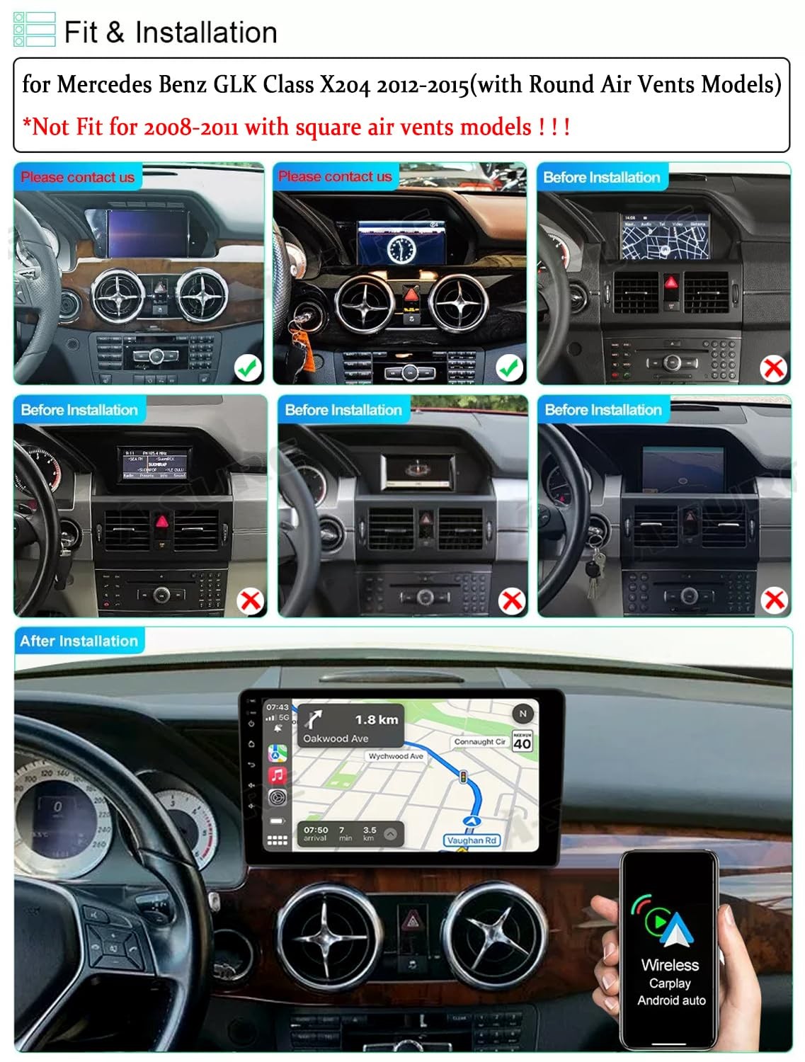 2 Din for Mercedes GLK X204 12-15 9in Wireless Carplay Android Auto w/Backup Cam