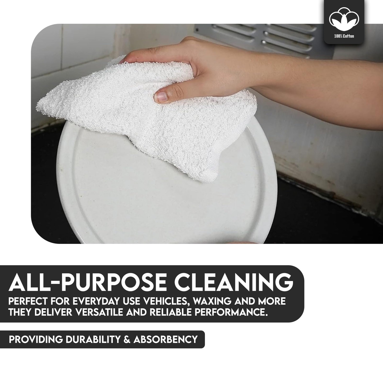 Terry Bar Mop Towels – 24 Pack (14″x17″) White Cotton Terry Cloths, Super Abs…