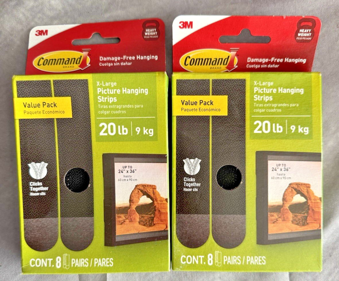 Command 20lb XL Heavyweight Strips 16 Black Adhesive Pairs 32 Strips 2 Packs New