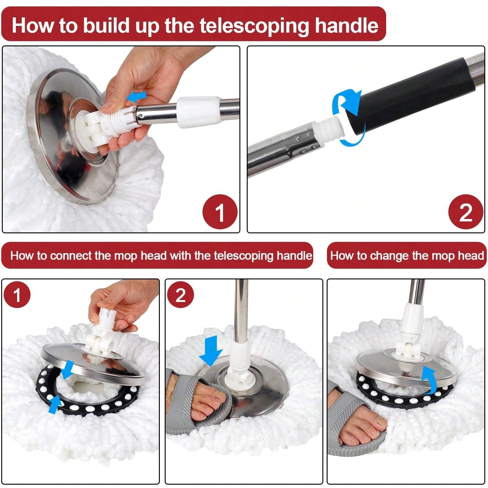 Spin Mop Bucket Wringer Set 3 Microfiber Heads 61 Stainless Steel Handle Black