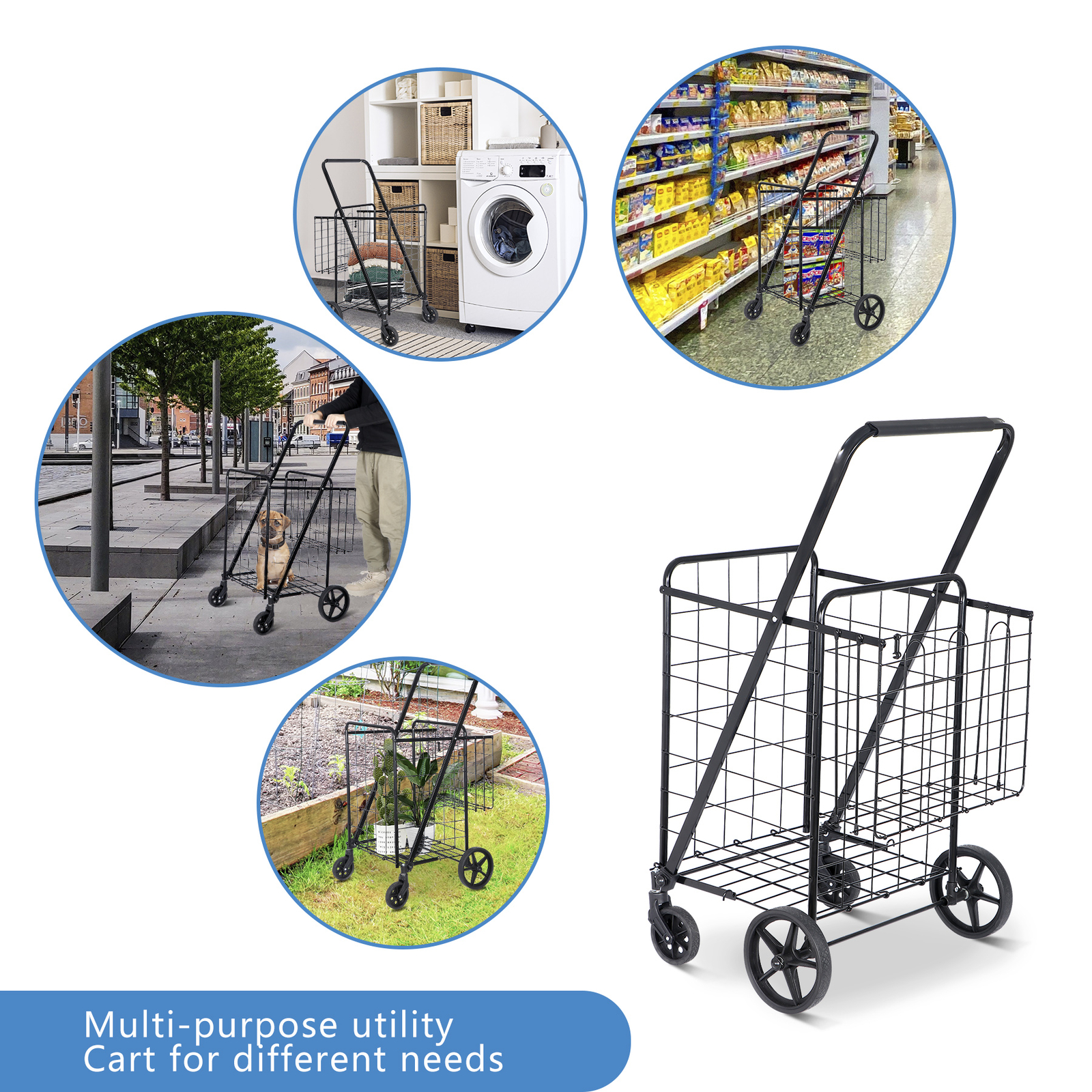 Folding Shopping Cart Rolling Trolley Utility 2 Basket W/Wheel for Laundry Black