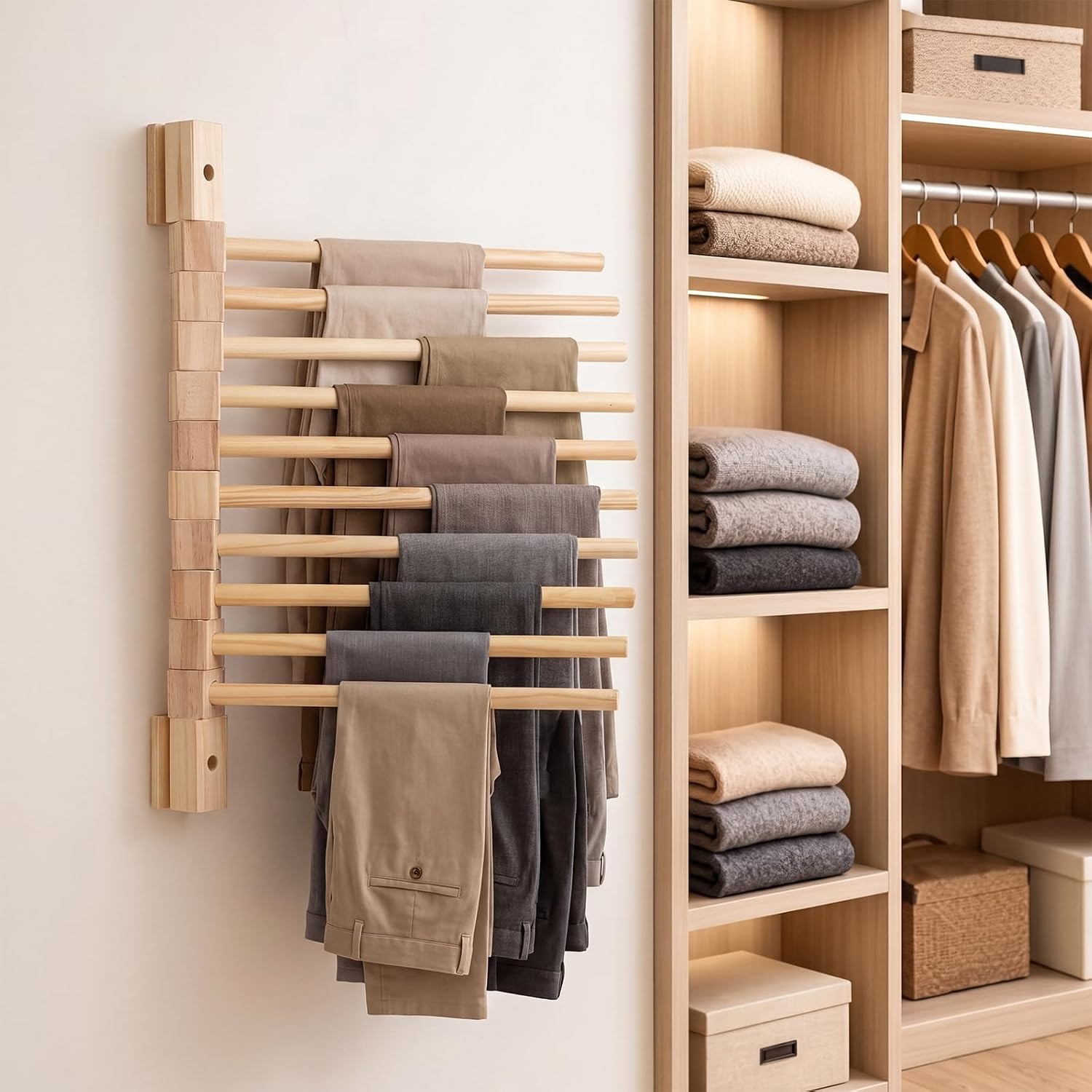 Wall Mounted Wooden Trouser Rack 10-Rod 13.8In Wooden Poles Hanging Organizer