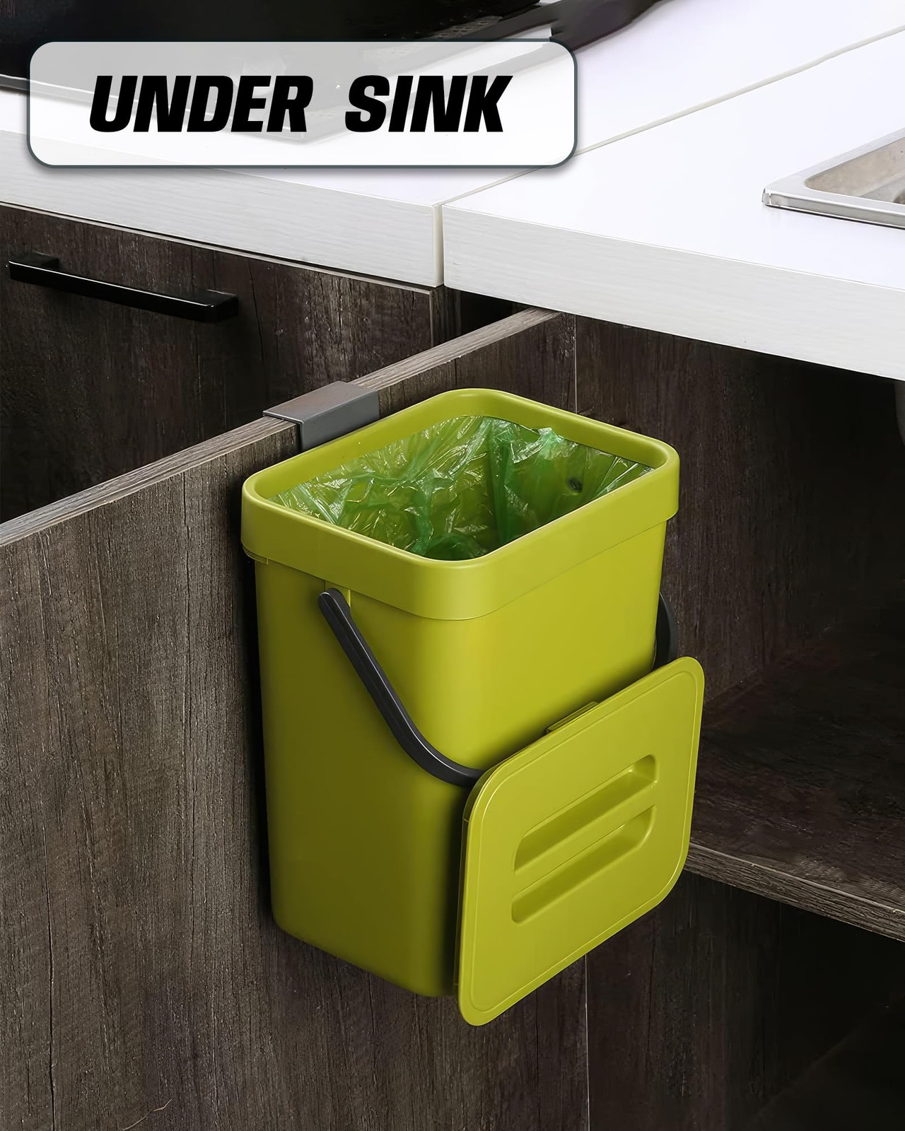 1.3 Gal Hanging Small Trash Can with Lid, Countertop Compost Bin, 5L, Green