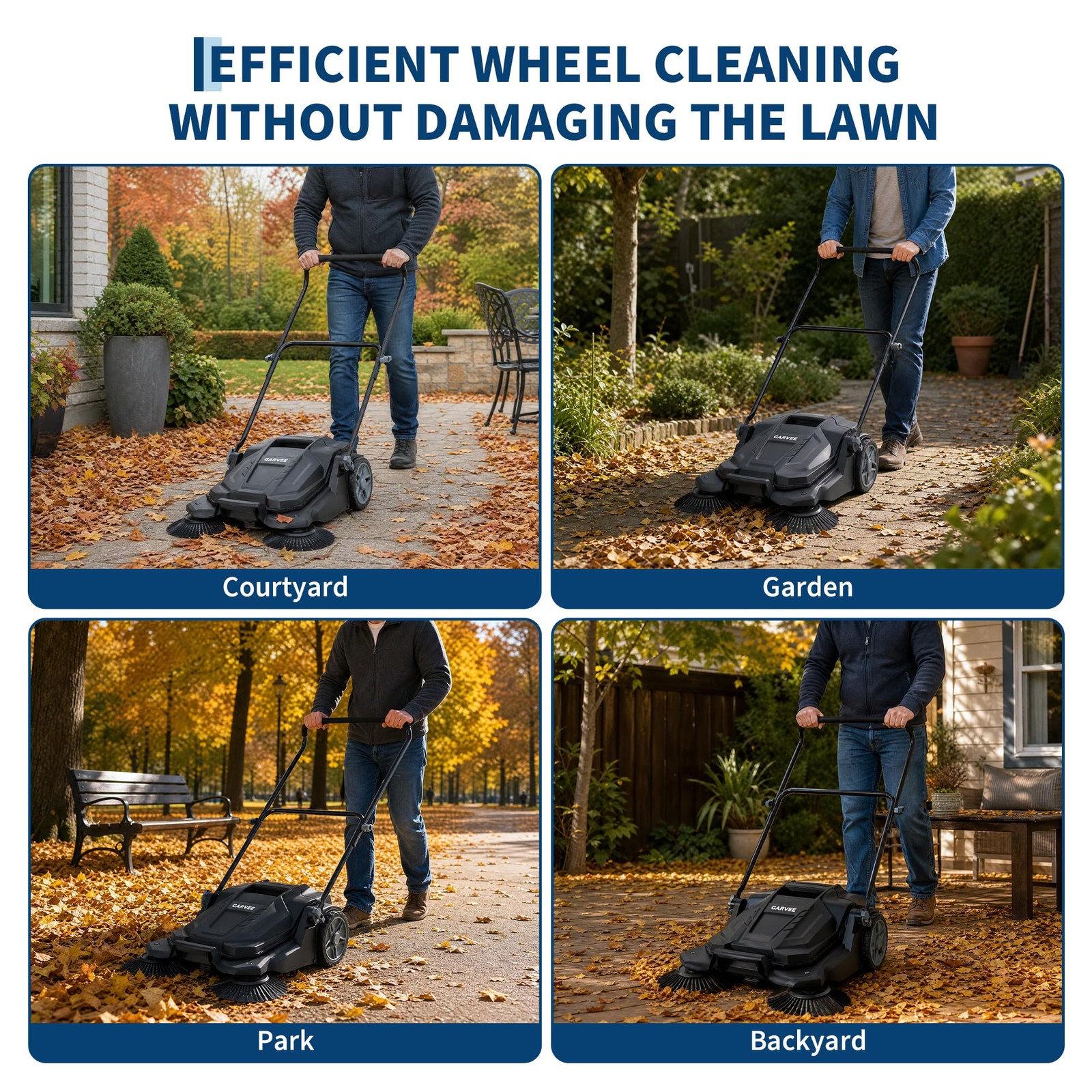 New Floor Sweeper Walk Behind Hand Push 25.6 Inch Width 5 Gal Waste Container