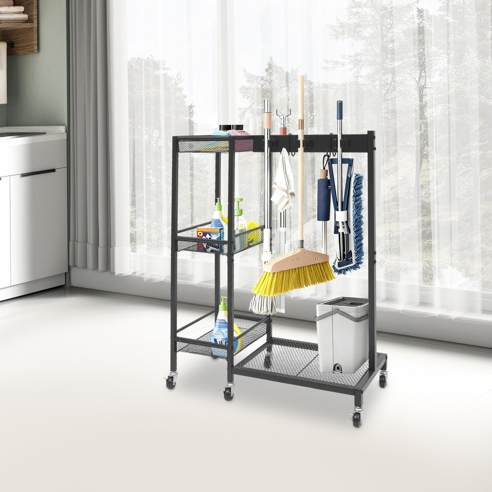 Mobile Cleaning Trolley Cart with Wheels 25.6×11.8×33.5 Inch for Home Office