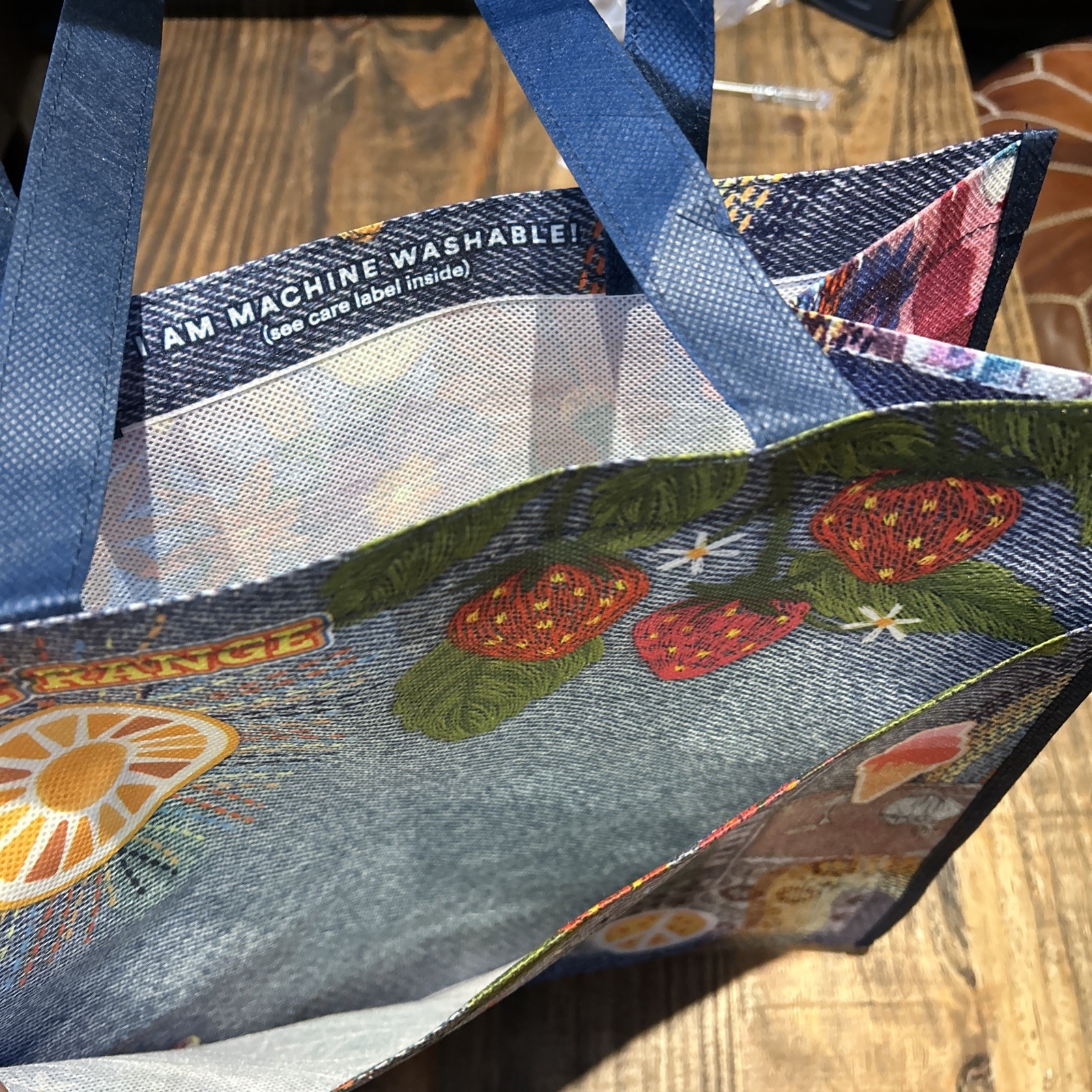 NWT New!! Whole Foods reusable Bag Fun Denim Embroidery Boho Large Machine Wash