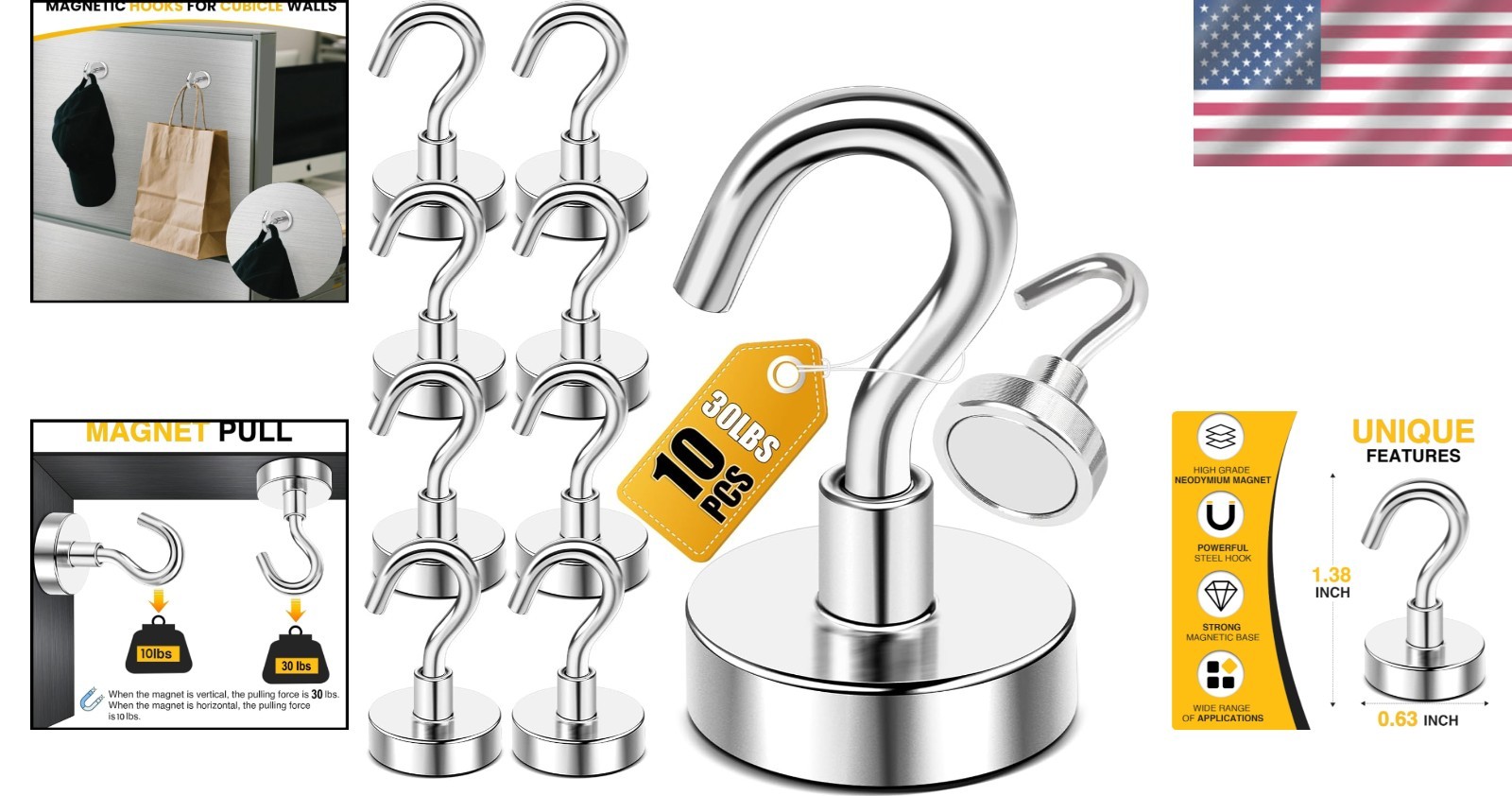 Durable Stainless Steel Magnetic Hooks – 10 Pack 30lbs for Cabinets & Classrooms