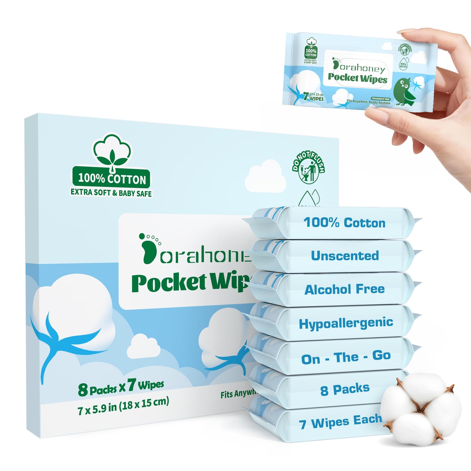 Dorahoney 100% Cotton Travel Wipes for Sensitive Skin, 7 Count (Pack of 8)