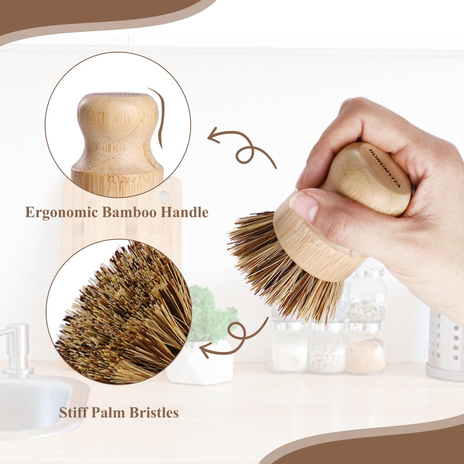 Bamboo Dish Brush Set,4 Pack Kitchen Palm Pot Brush with Union Fiber, Natural…