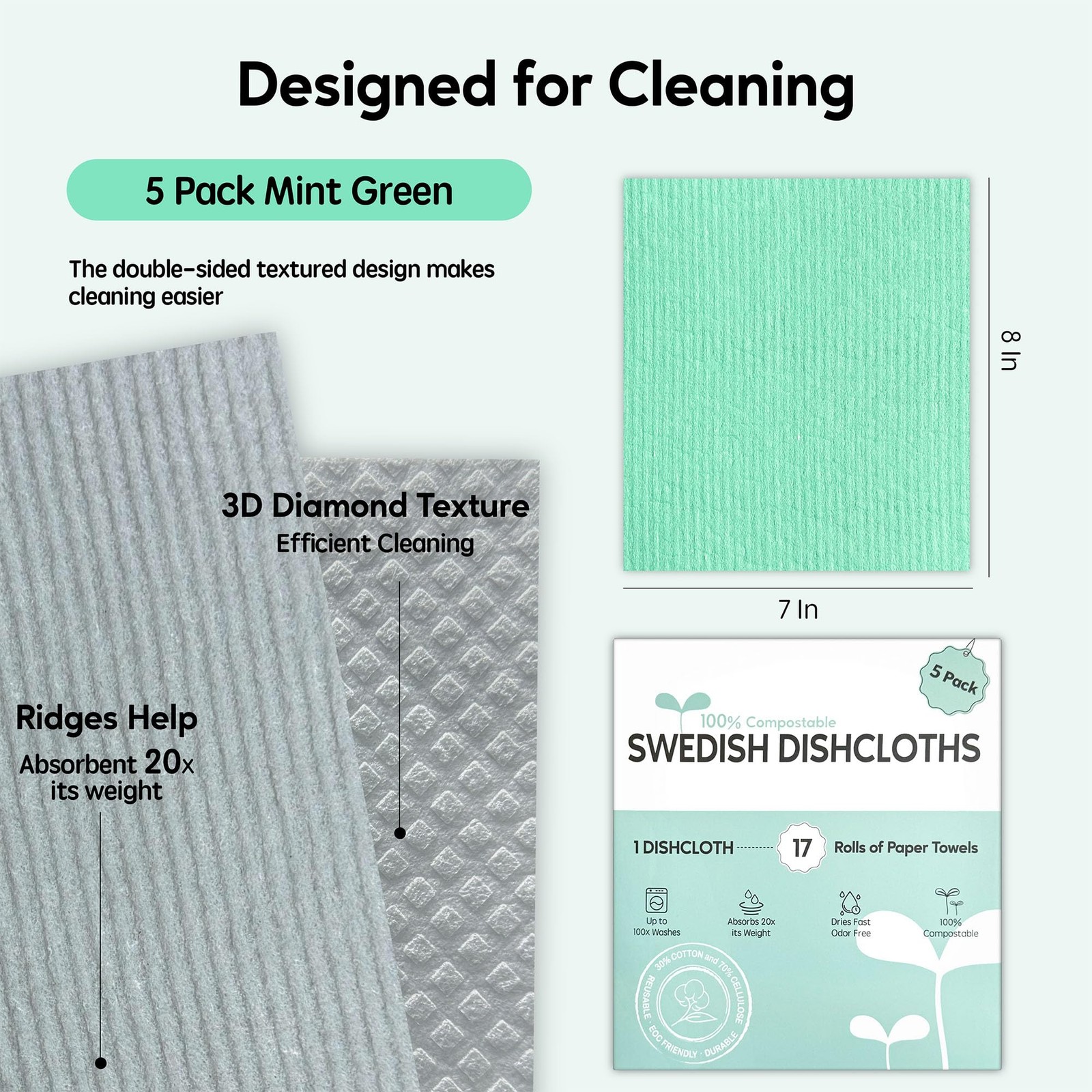 Auggee Swedish Dishcloths for Kitchen, 5 Pack 7 inches x 8 inches, Mint Green