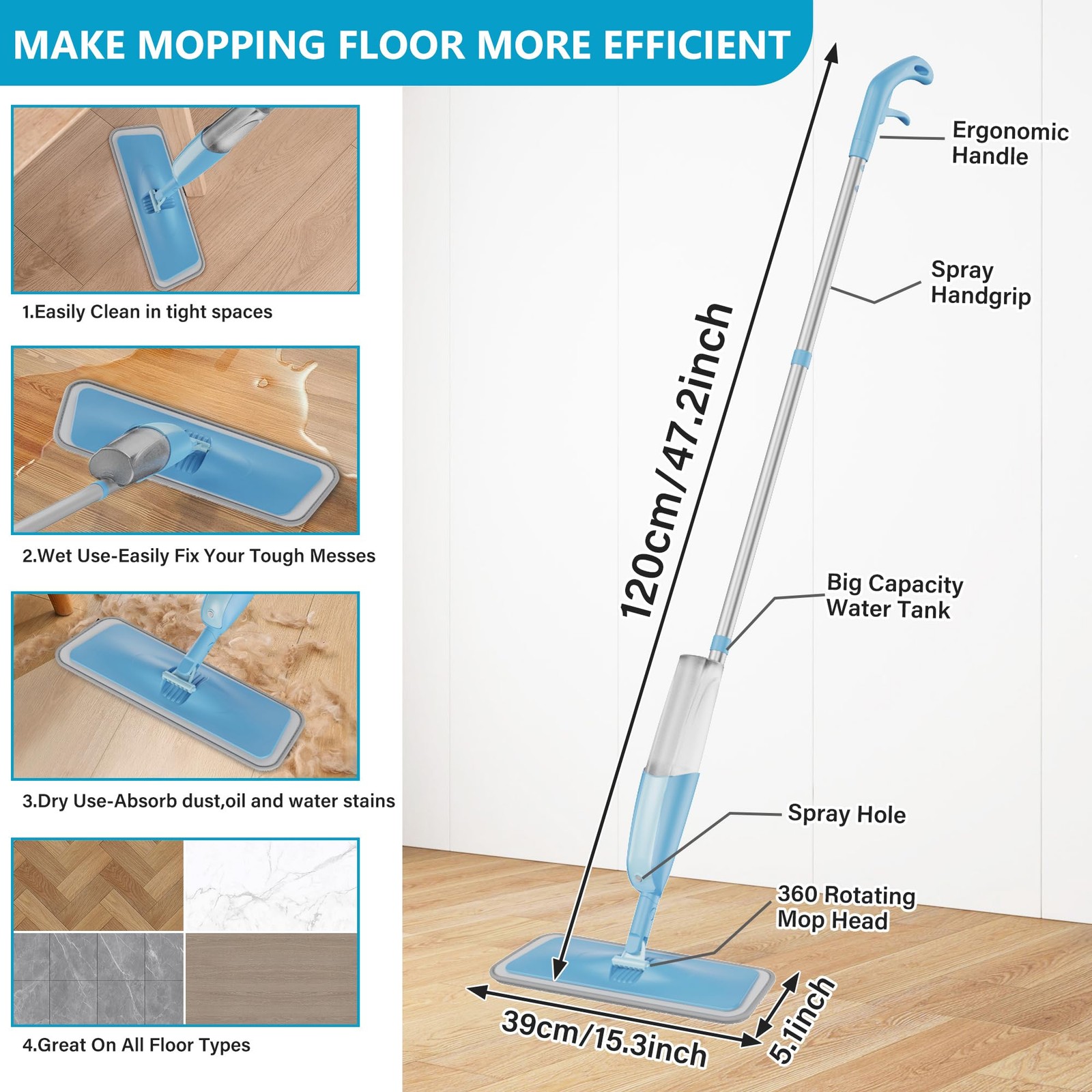 Mexerris Microfiber Spray Mop for Floor Cleaning Wet Dry Mop 360 Degree Spin Mic